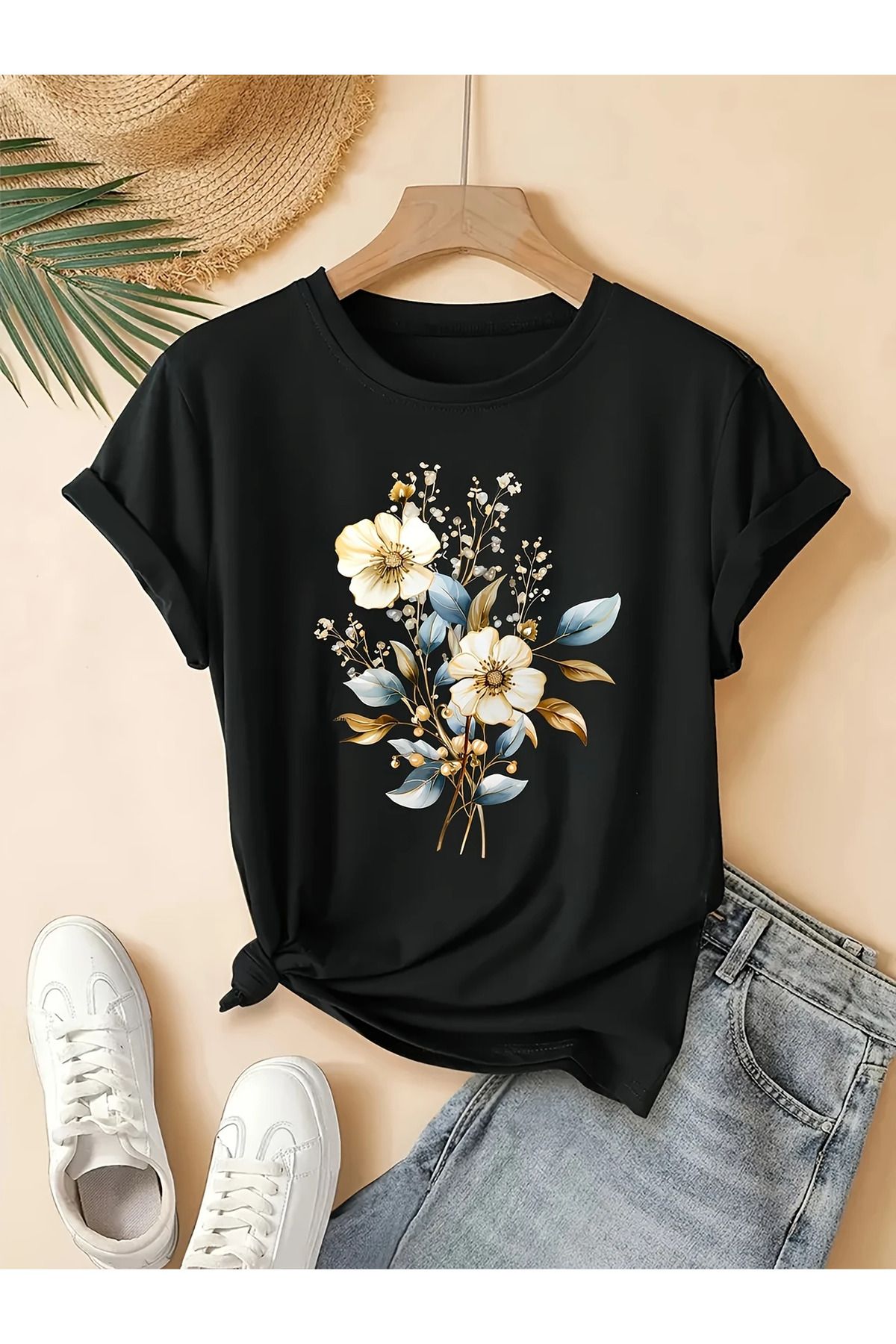 ELNOYA Pamuklu Oversize Vintage Floral Baskılı Kısa Kollu Bisiklet Yaka Rahat Günlük T-shirt