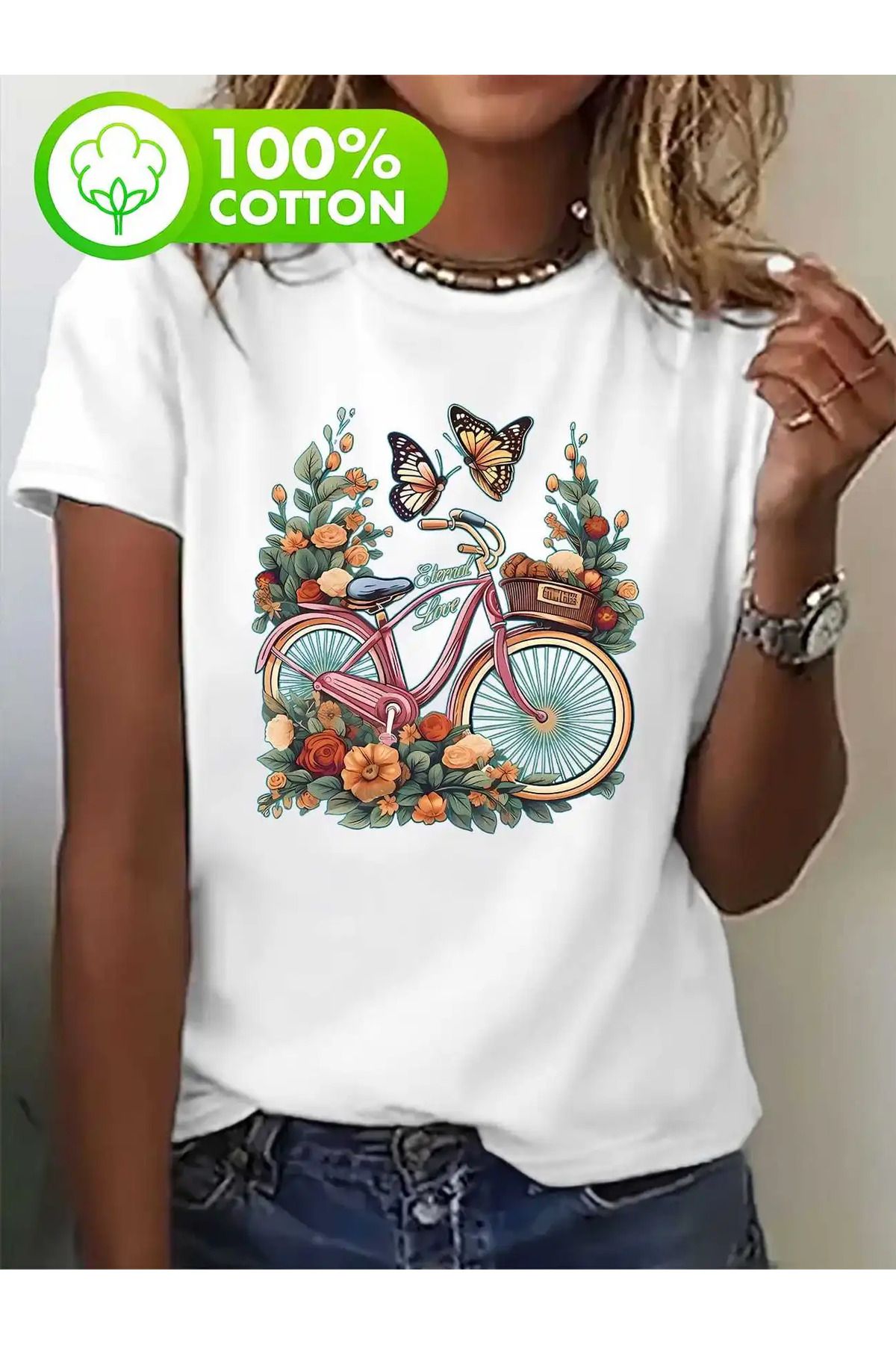 ELNOYA Baskılı Kısa Kollu Bisiklet Yaka Rahat Günlük Büyük Beden T-shirt