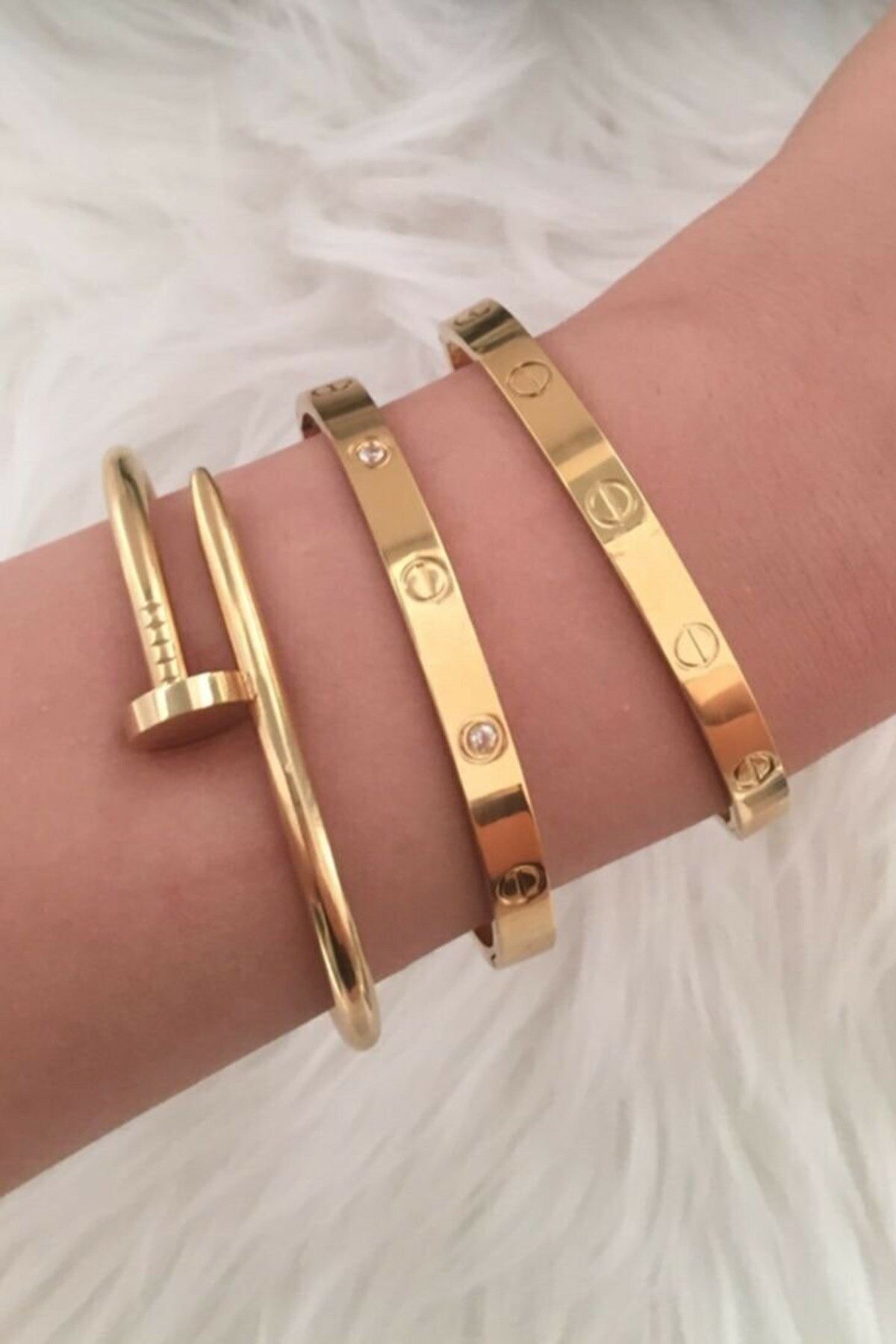 X-Lady Accessories Altın Kaplama Kombin Çivi, Taşlı Ve Taşsız Kelepçe Bileklik - 450