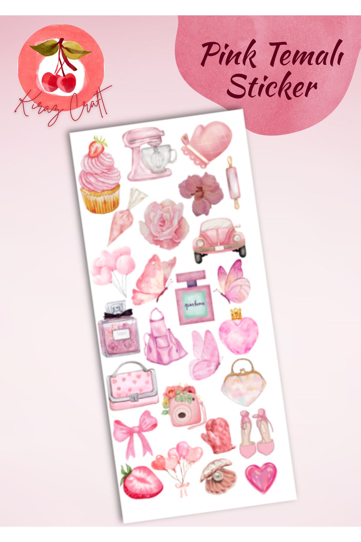 Kiraz Craft Vintage Pink Temalı Sticker Set - Planner Ajanda Bullet Journal Için Uygun Set