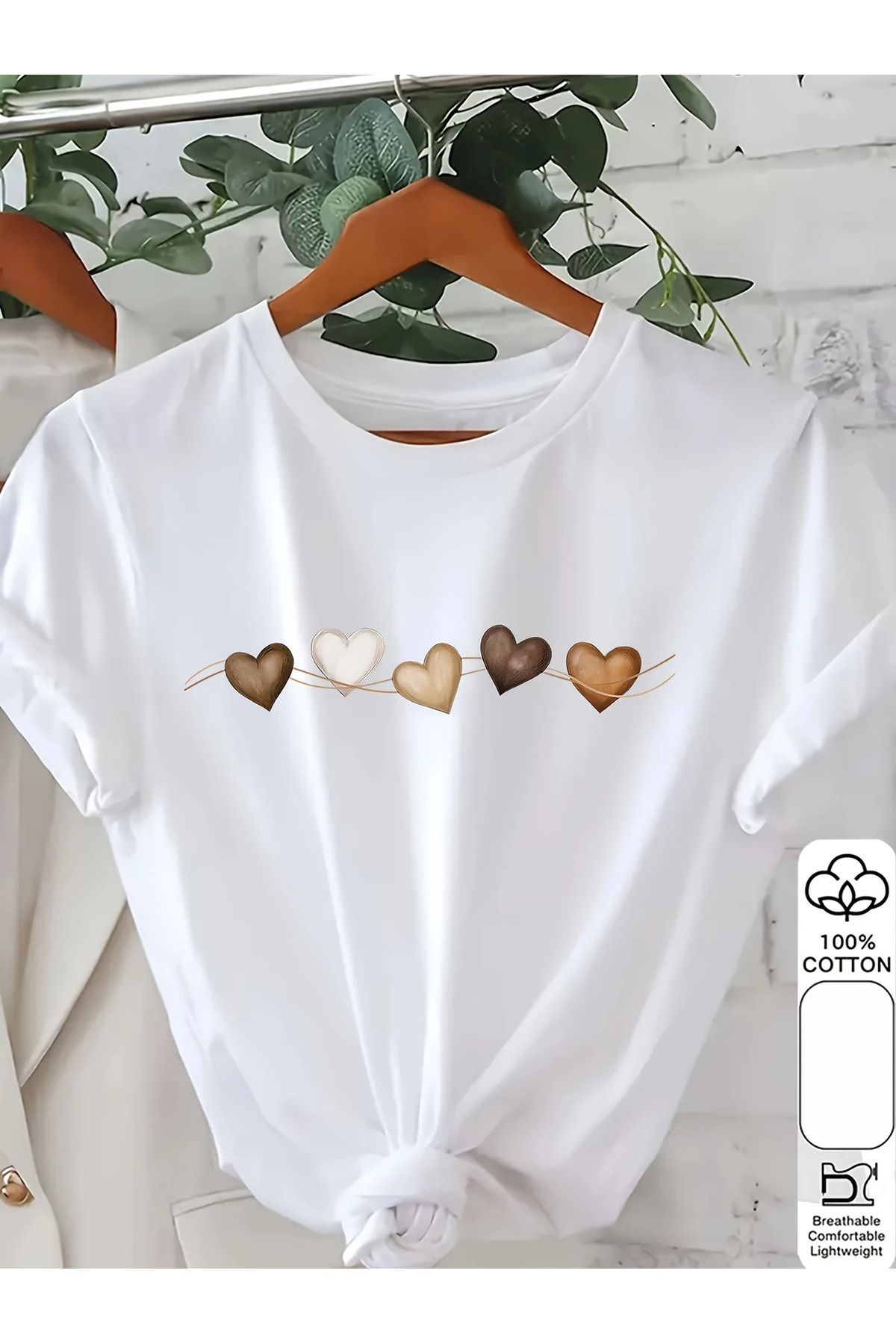 ELNOYA Pamuklu Oversize Heart Pattern Baskılı Kısa Kollu Bisiklet Yaka Rahat Günlük T-shirt