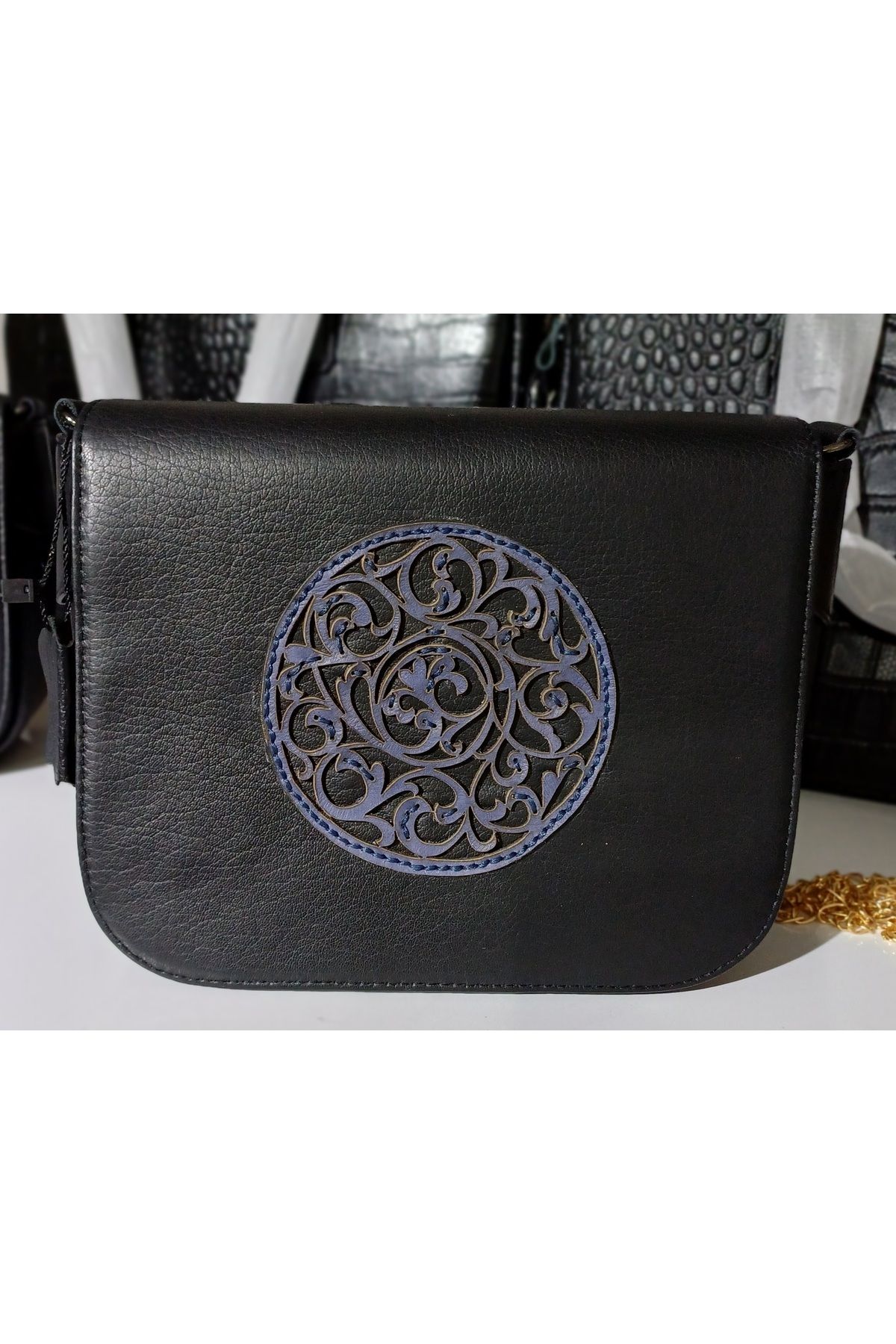 Durush Collection TASARIM GERÇEK DERİ SİYAH EL İŞLEMELİ ÇAPRAZ KADIN ÇANTASI