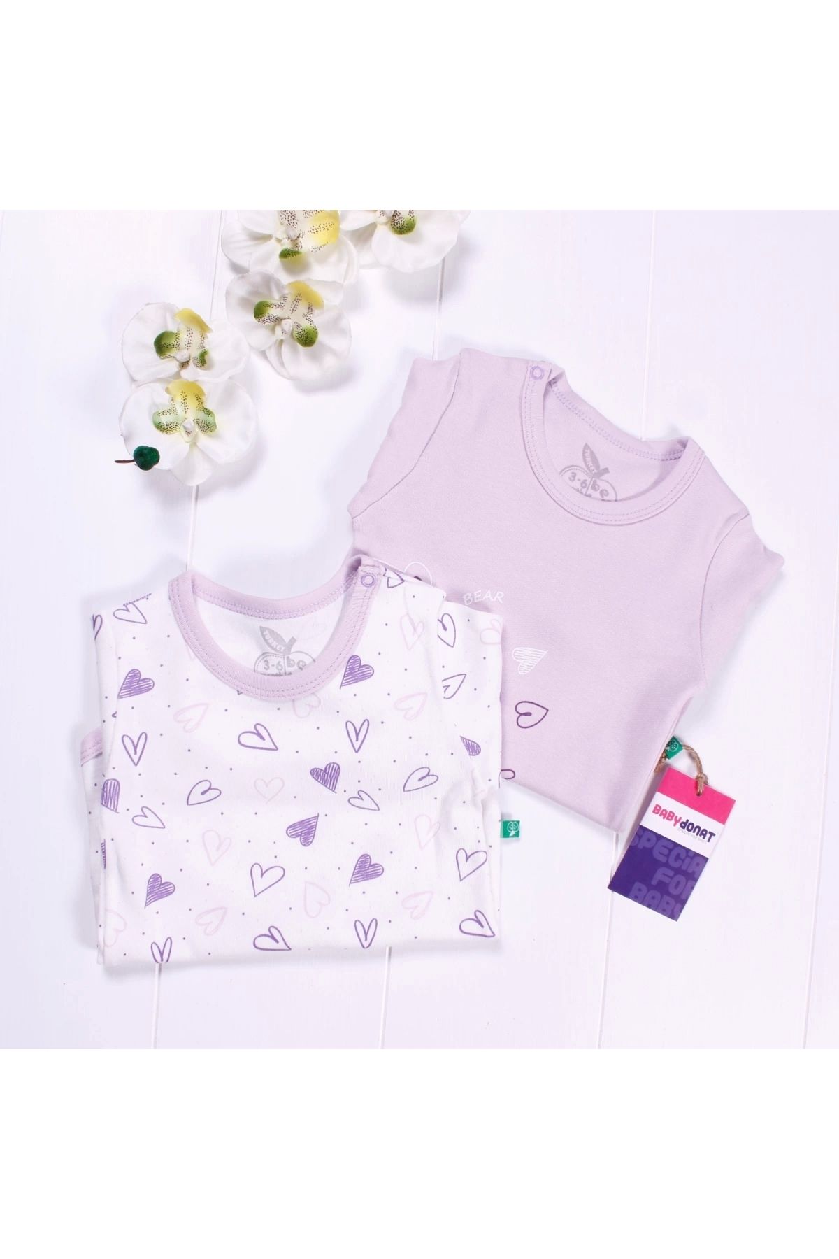 BYB MODA TASARIM 3-12 Ay Kalp Uzun Kol 2'li Kız Bebek Body Seti Lila
