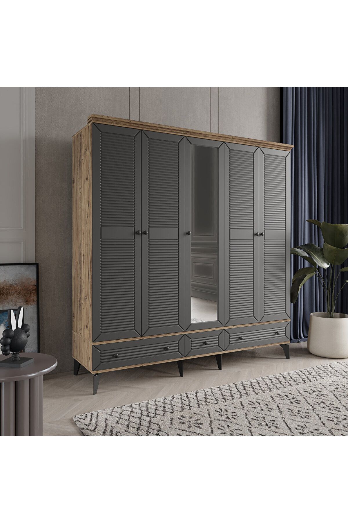 DRNHOME LİNE 5 KAPAKLI ANTRASİT GARDIROP TAMAMI MDF