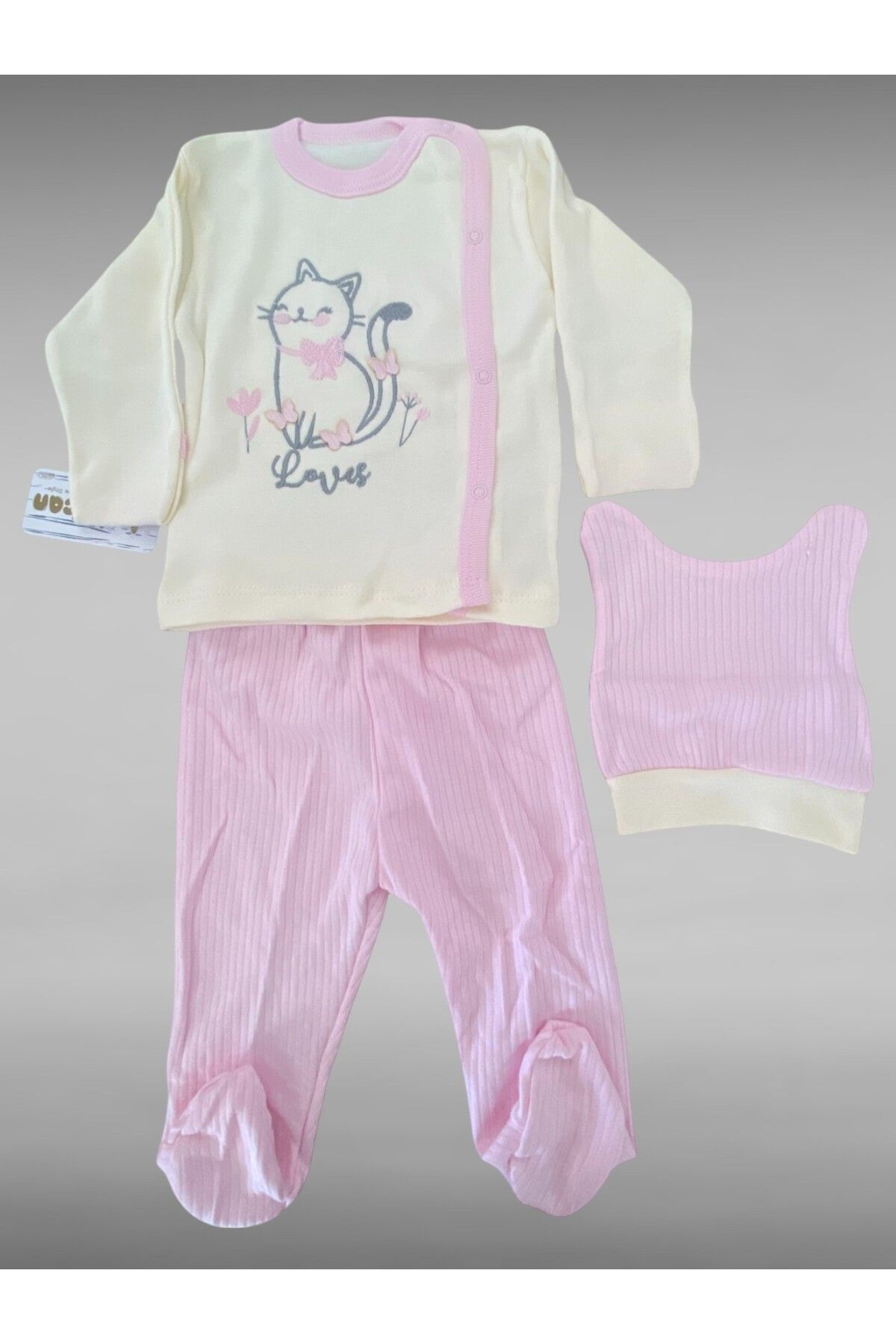 Babycan 3’lü Kız Bebek Takımı – %100 Pamuk, Kedi Desenli Zıbın, Pembe Alt & Şapka Seti, 0-3 Ay