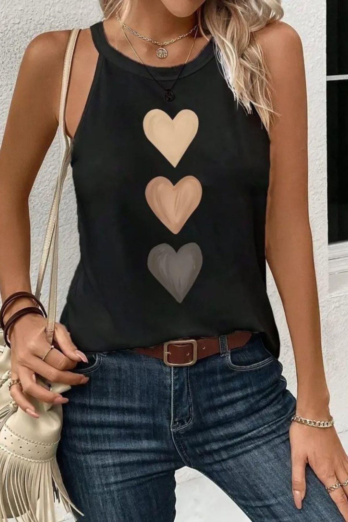 Mossta Halter Yaka Kalp Desen Viskon Bluz Siyah
