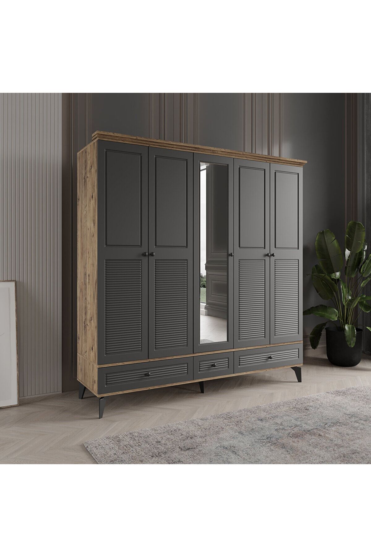 DRNHOME İNCİ 5 KAPAKLI ANTRASİT GARDIROP TAMAMI MDF