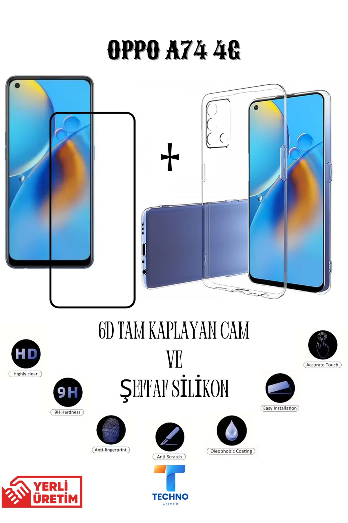 foxpower Oppo A74 6D Tam Kaplayan Ekran Koruyucu ve Şeffaf Kılıf 2li Avantajlı Paket