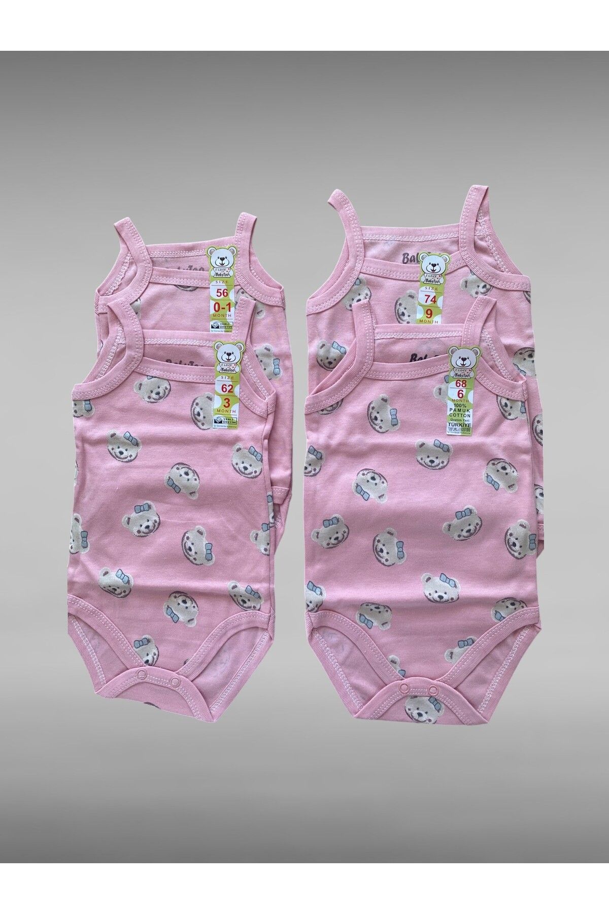 Babytoo 4’lü Kız Bebek Çıtçıtlı Atlet – Ayıcık Desenli, %100 Pamuk, 0-9 Ay Arası Yazlık Body Takımı