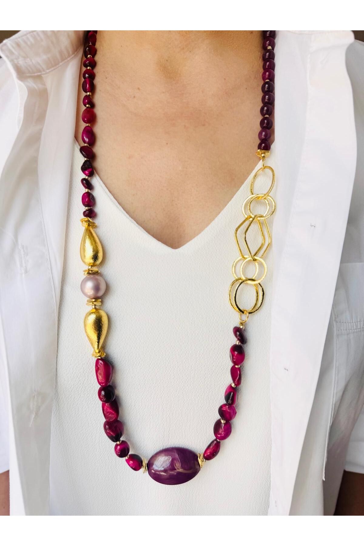 DEVİ fashion Uzun Fuşya Doğal Taş Kolye 90 cm