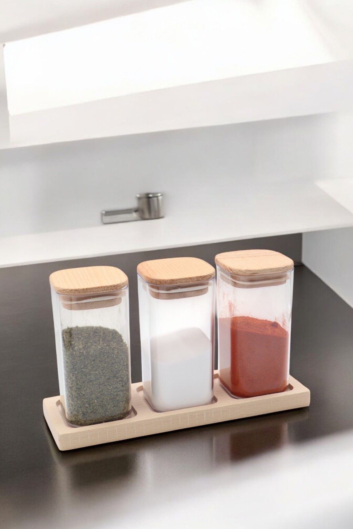 LUMİNA Bambu 3 lü Baharatlık Seti - Sert Plastik Bambu Ahşap Set - 7 Parça