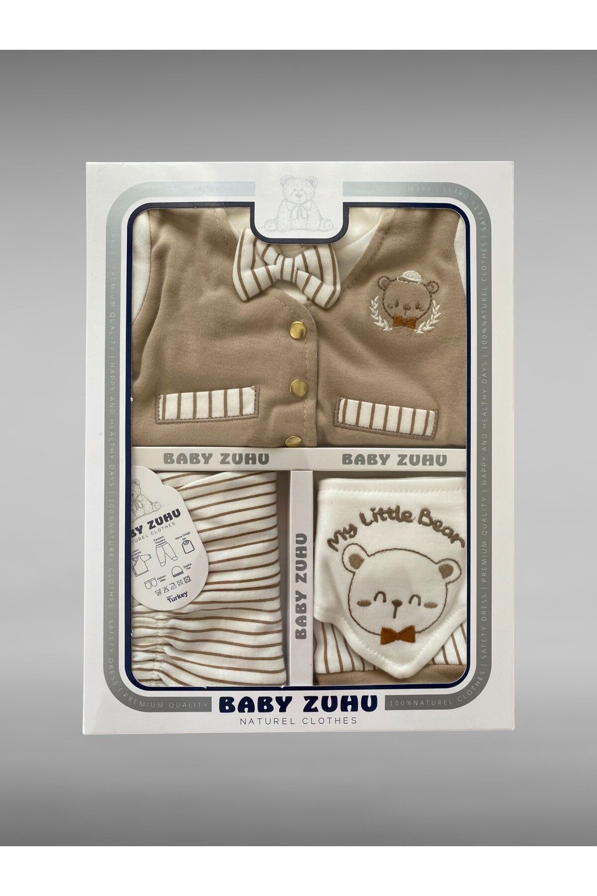 BABY ZUHU Erkek Bebek 5'li Zıbın Seti – %100 Pamuk, Papyonlu Şık Tasarım, My Little Bear Temalı