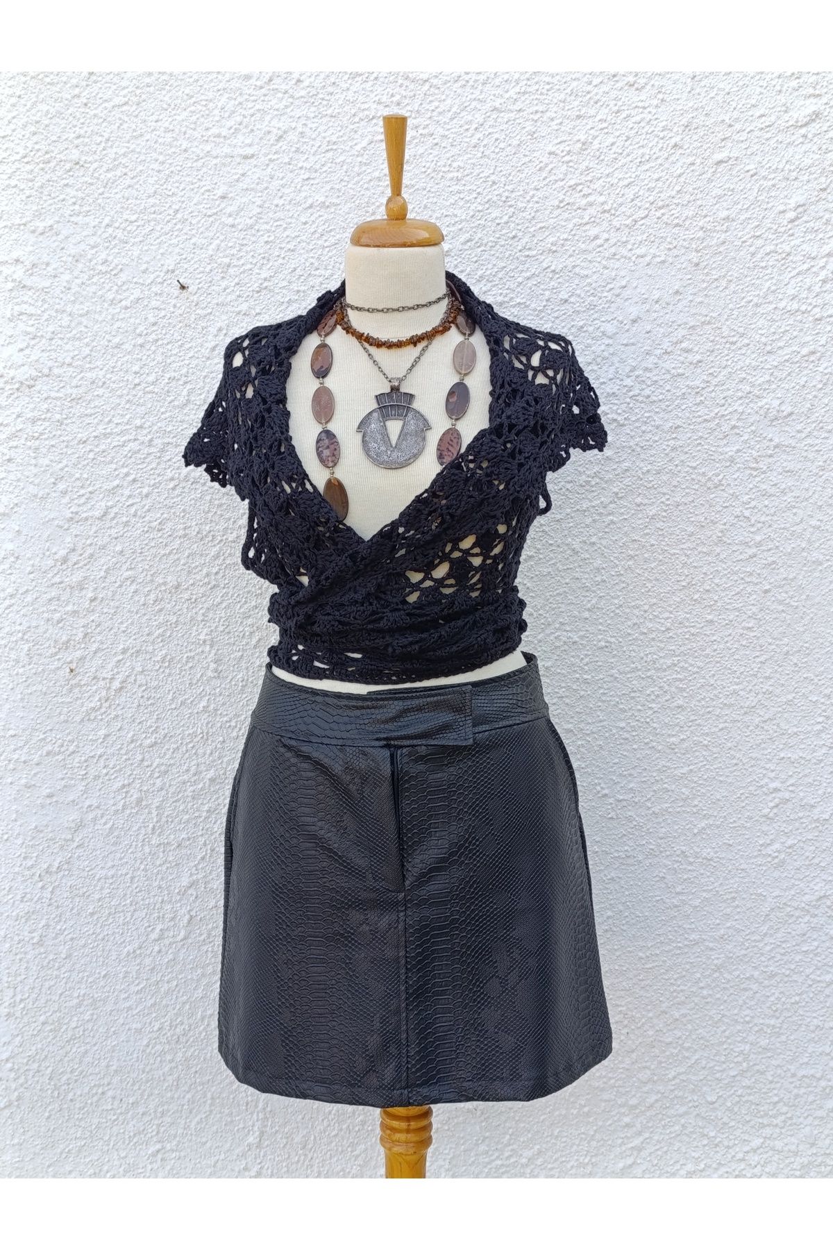 Hippybutik Siyah anvelop Çift Yönlü Tığ Dokuma Dantel el işi Bluz Yelek