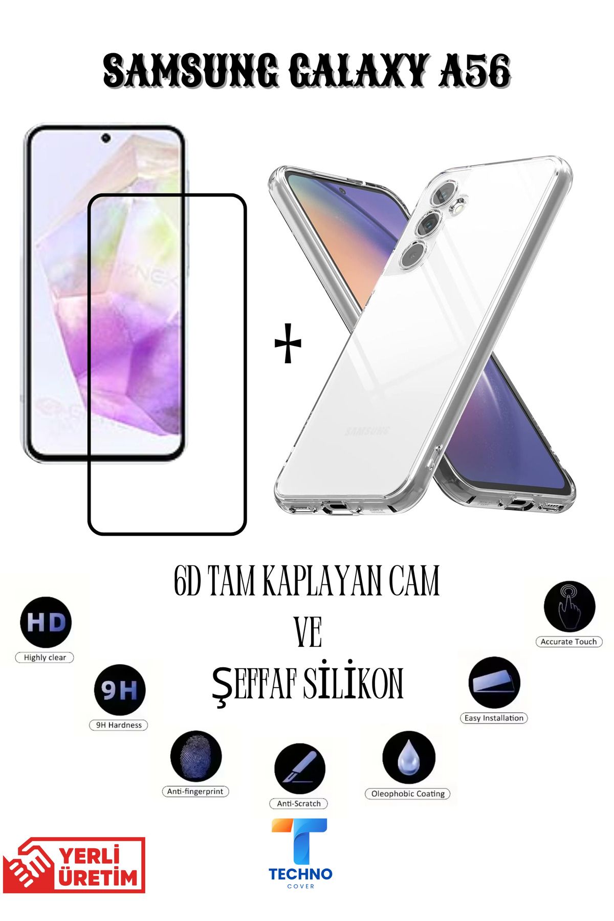 foxpower Samsung A56 6D Tam Kaplayan Ekran Koruyucu ve Şeffaf Kılıf 2li Avantajlı Paket