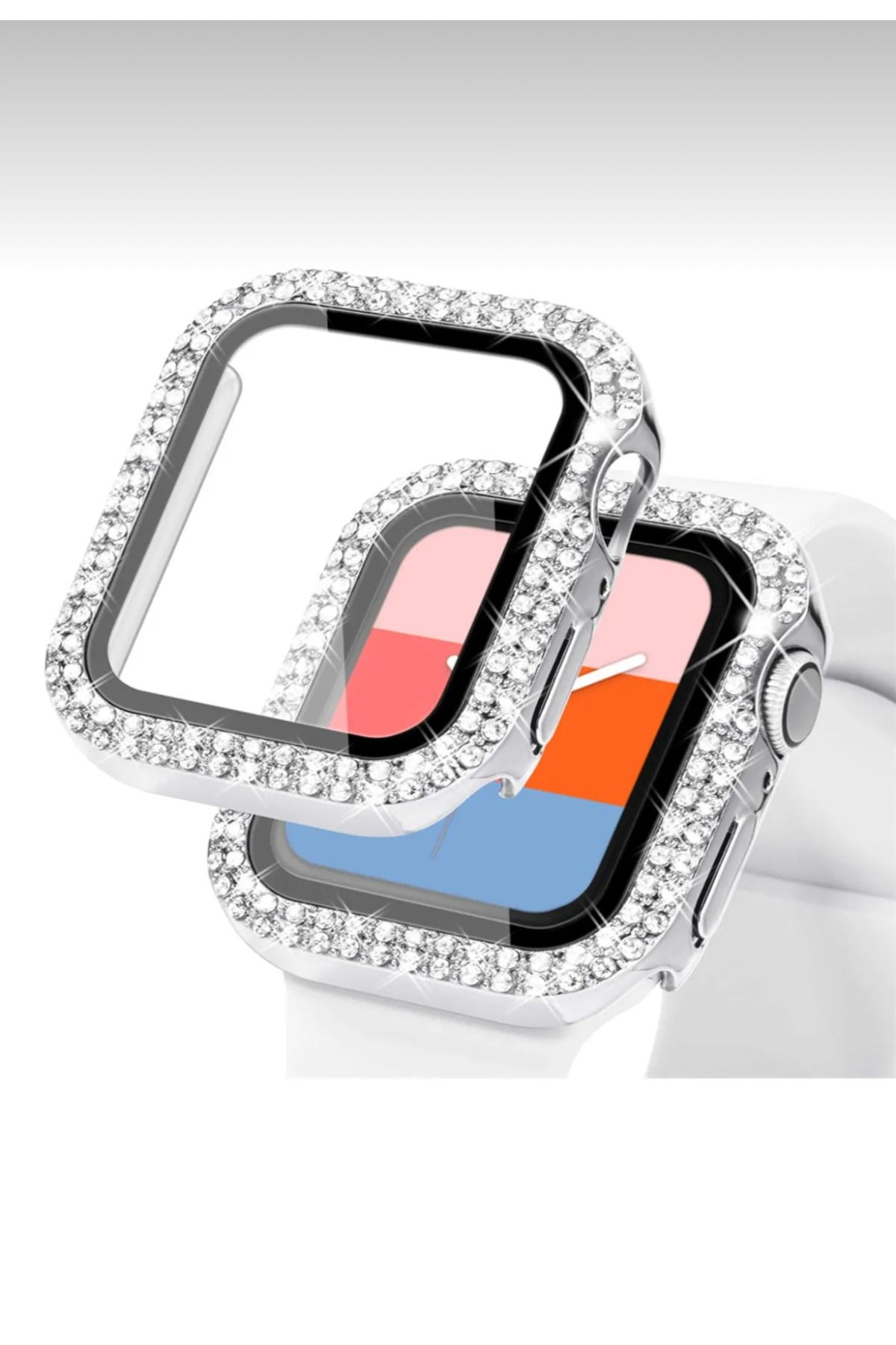 Aksesuar Kasabası Apple Watch Series 10 42Mm Uyumlu Zarif Elmas Taşlı SİLVER Kasa Ve Ekran Koruyucu Kılıf