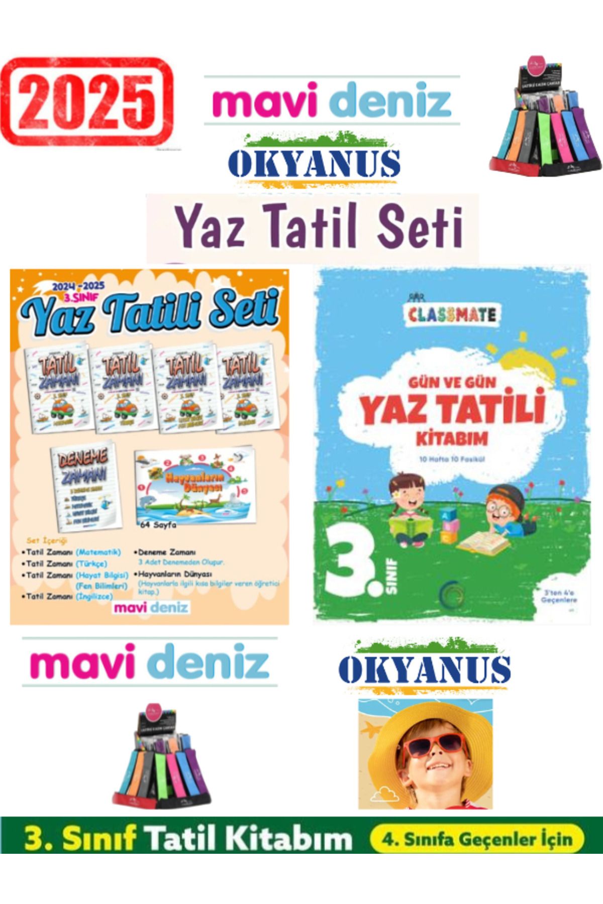 Ens Yayıncılık Mavi Deniz 2025 3.Sınıf Yaz Tatil Seti 12 Kitap+Okyanus 3.Sınıf Gün Gün Yaz Tatil Seti+Kalem
