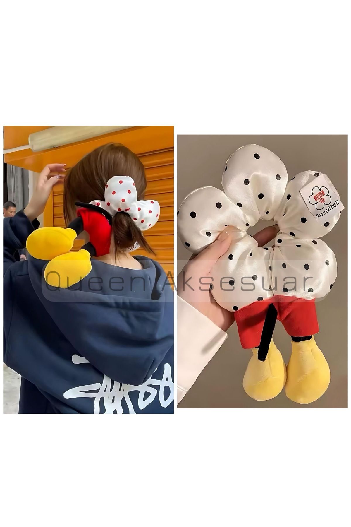 QUEEN AKSESUAR Yeni trend pofuduk çiçek Mickey sarkan ayaklar figürlü siyah puantiyeli saten lastik çiçek toka