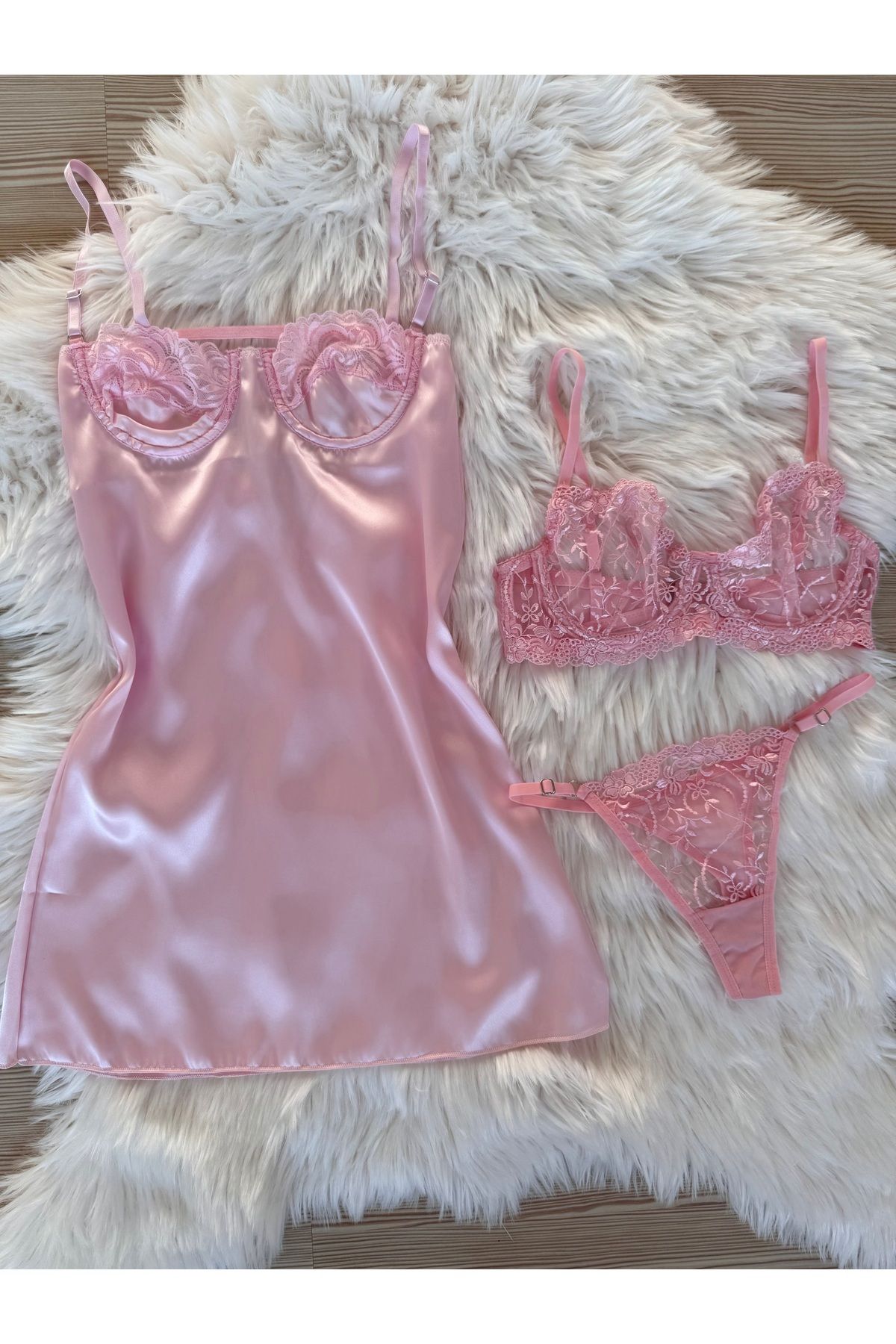 Pijamacs Pudra Pembe Saten Gecelik ve İç Giyim Bralet Sütyen Takım Çeyiz Seti