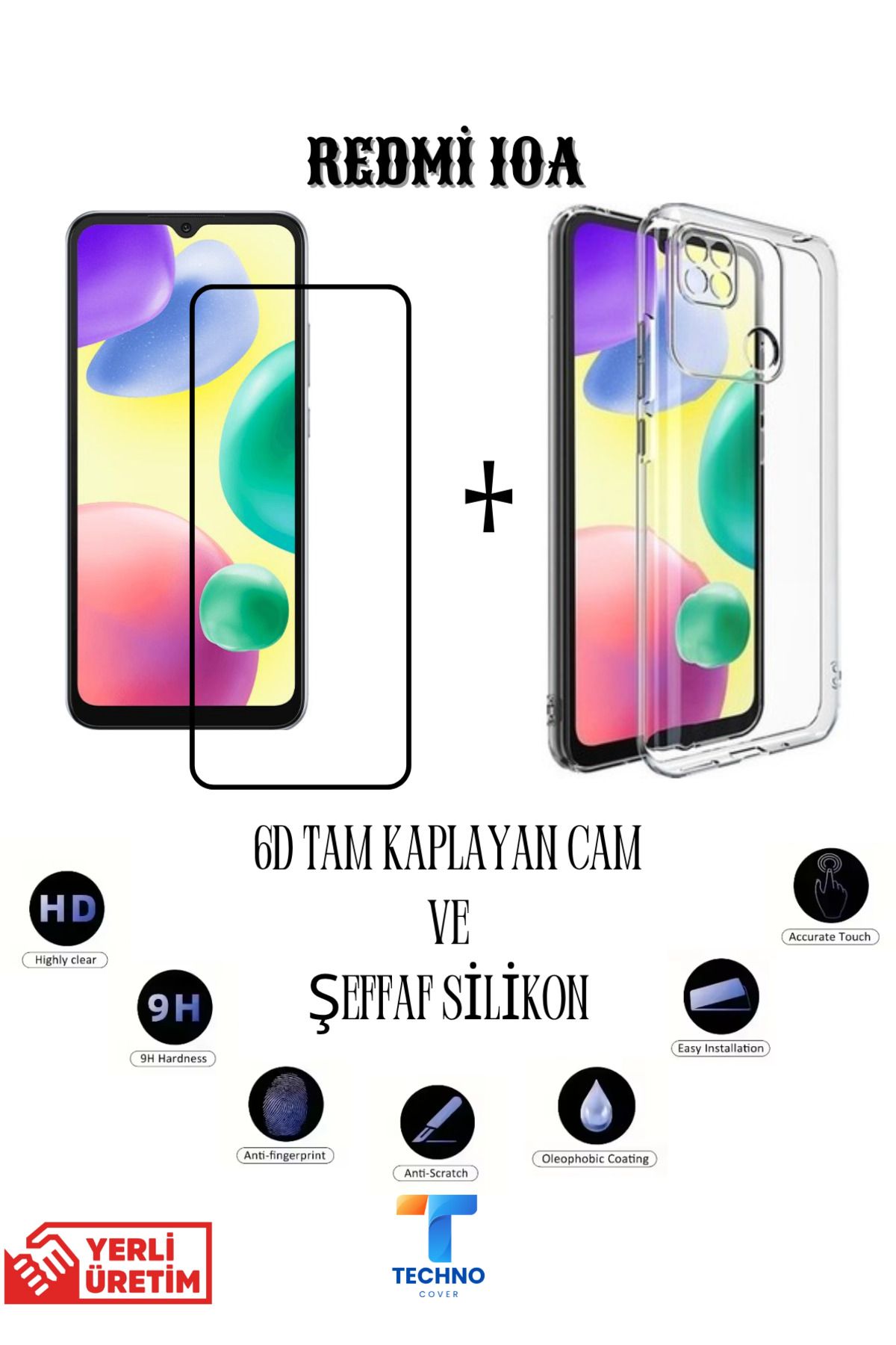 foxpower Redmi 10A 6D Tam Kaplayan Ekran Koruyucu ve Şeffaf Kılıf 2li Avantajlı Paket