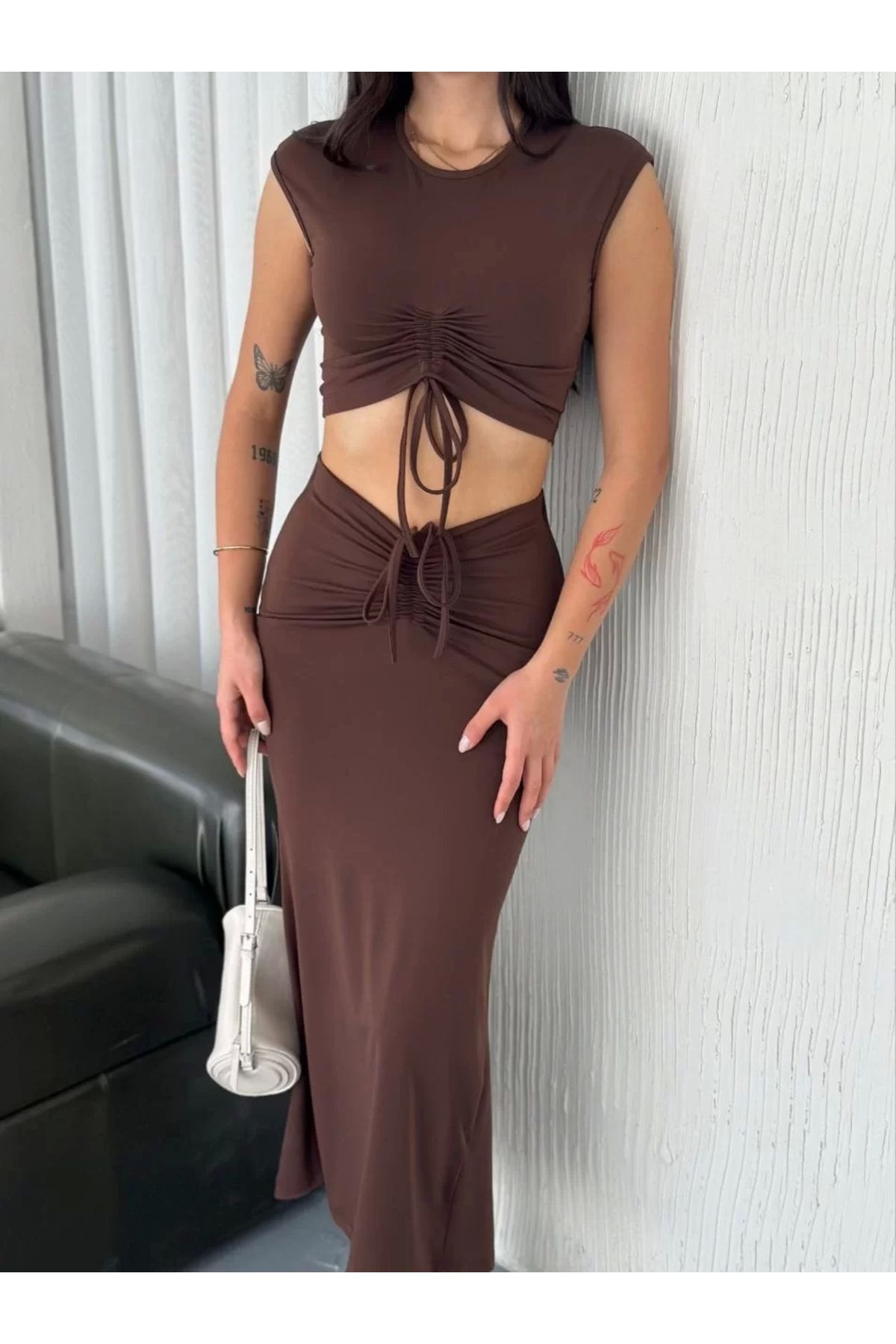 Robahood Osy Modal Yumuşak Dokulu Kumaş Büzgülü Crop Etek Takım -Kahverengi