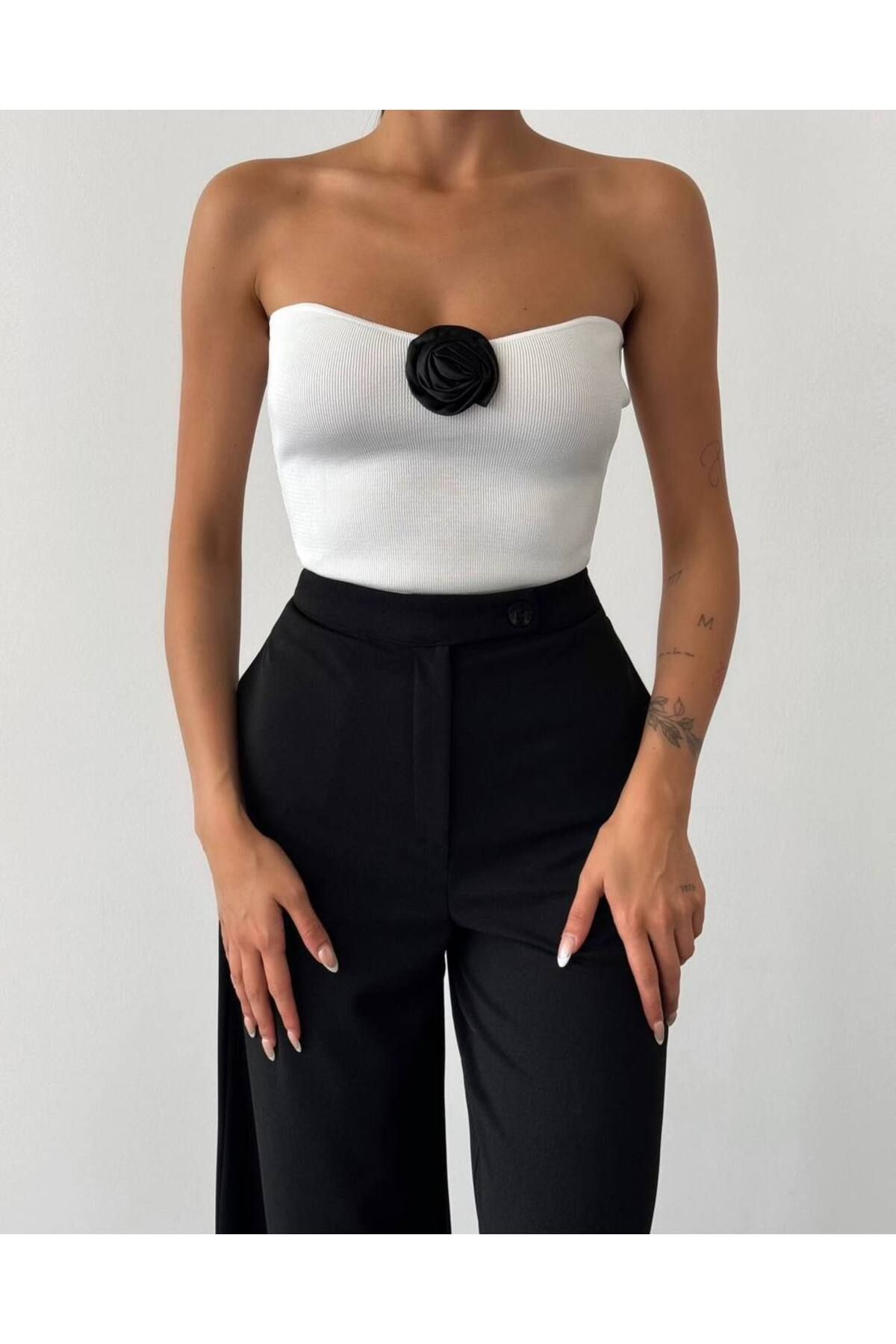 İLKCET MODA Gül Detaylı Straplez Crop Kadın Triko