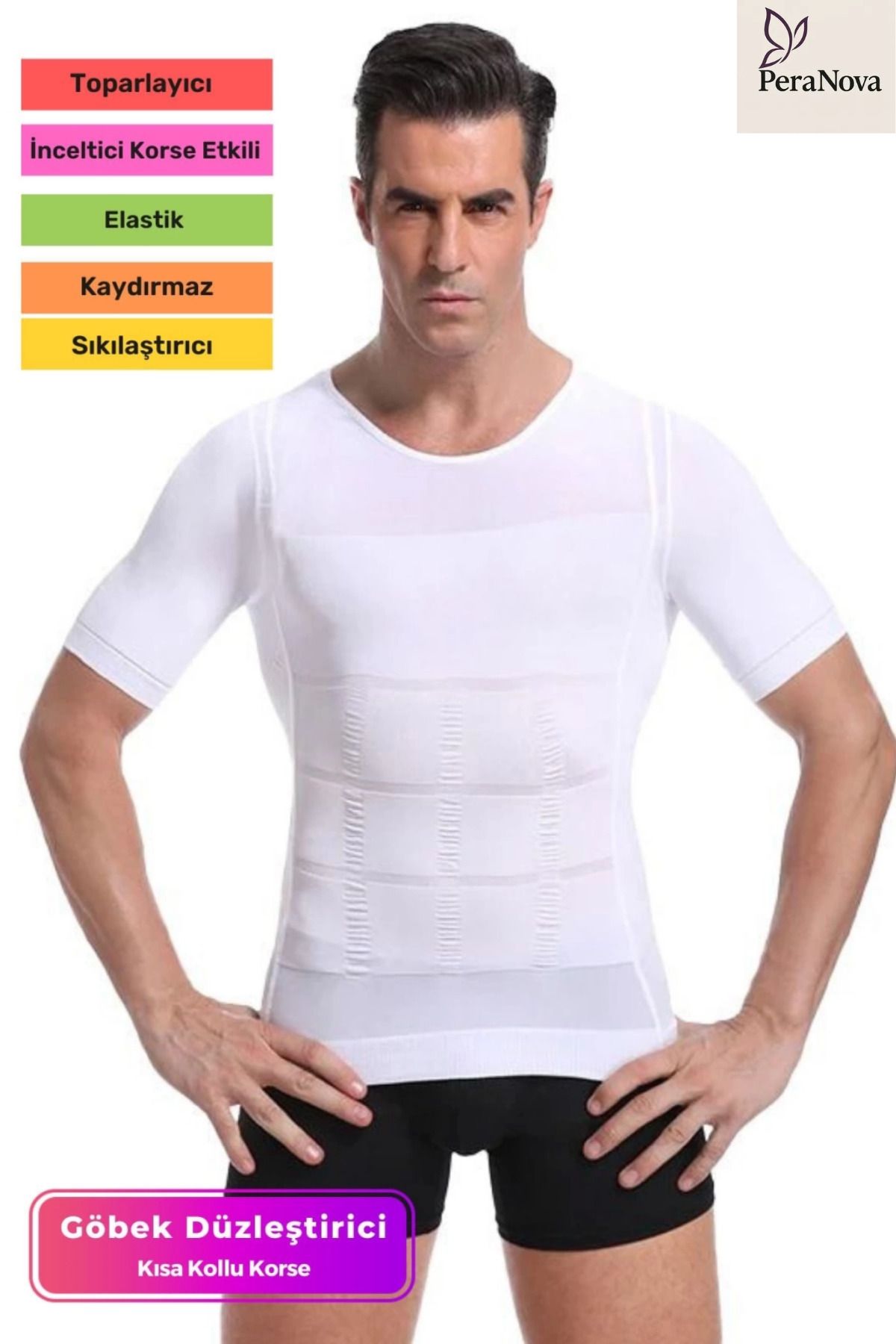 PeraNova Premium Göğüs Dik Duruş Jinekomasti Toparlayıcı Erkek Extra Göbek Sıkılaştırıcı Kısa Kol Korse Atlet
