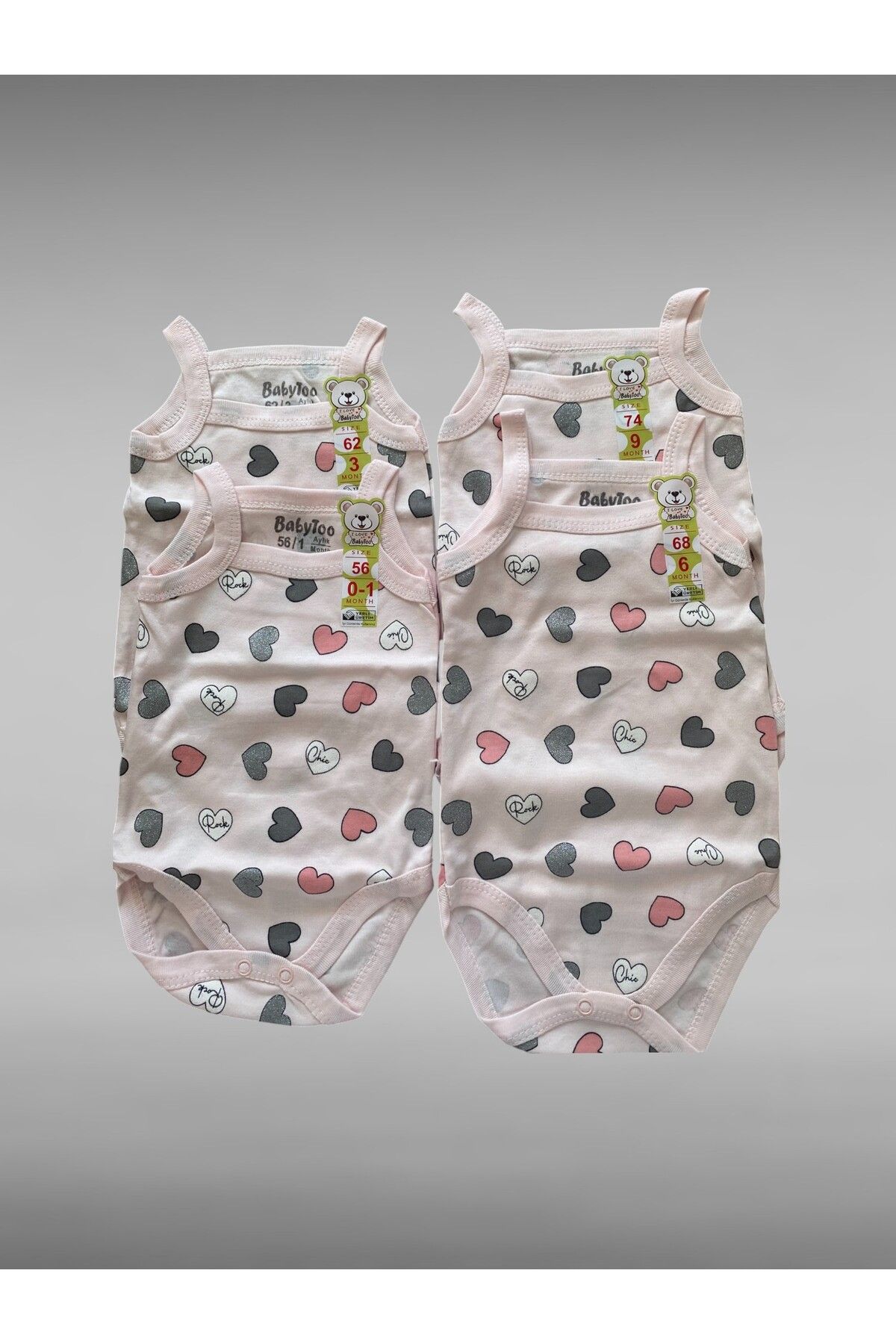 Babytoo 4’lü Kız Bebek Çıtçıtlı Body Seti – %100 Pamuk, Kalp Desenli, 0-9 Ay Arası, Yazlık Atlet Body