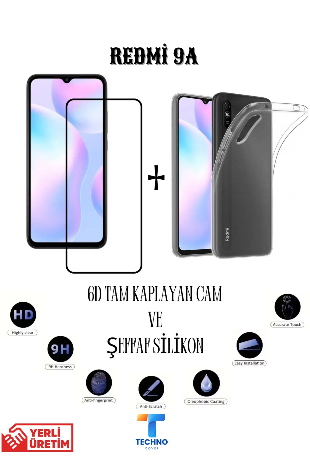 foxpower Redmi 9A 6D Tam Kaplayan Ekran Koruyucu ve Şeffaf Kılıf 2li Avantajlı Paket