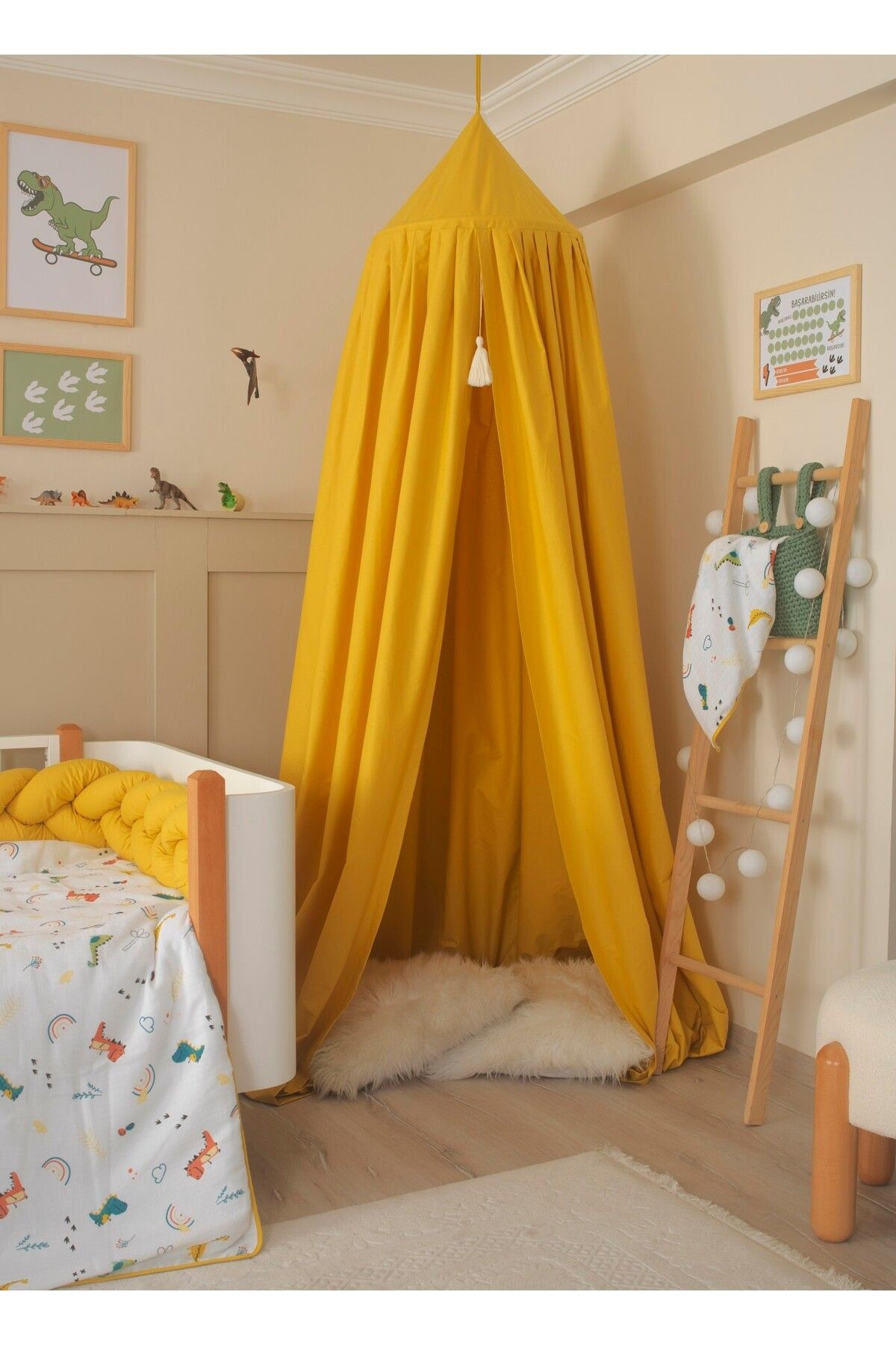 JOYFUL KIDS %100 Pamuk Kumaş Cibinlik Dino Serisi | Püskül Detaylı, Askı Aparatlı Bebek ve Çocuk Odası için