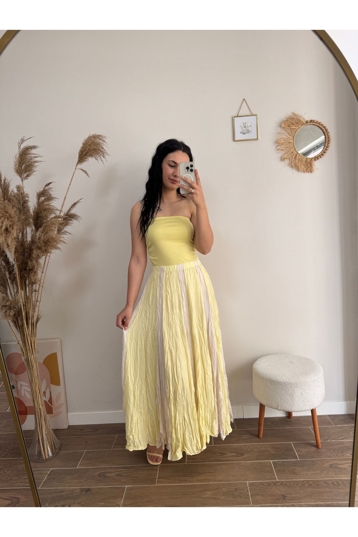 DUSOHOME Crush Efektli İki Renkli Premium Maxi Etek Kırışık Doku Sarı Etek Sarı krem Renkli
