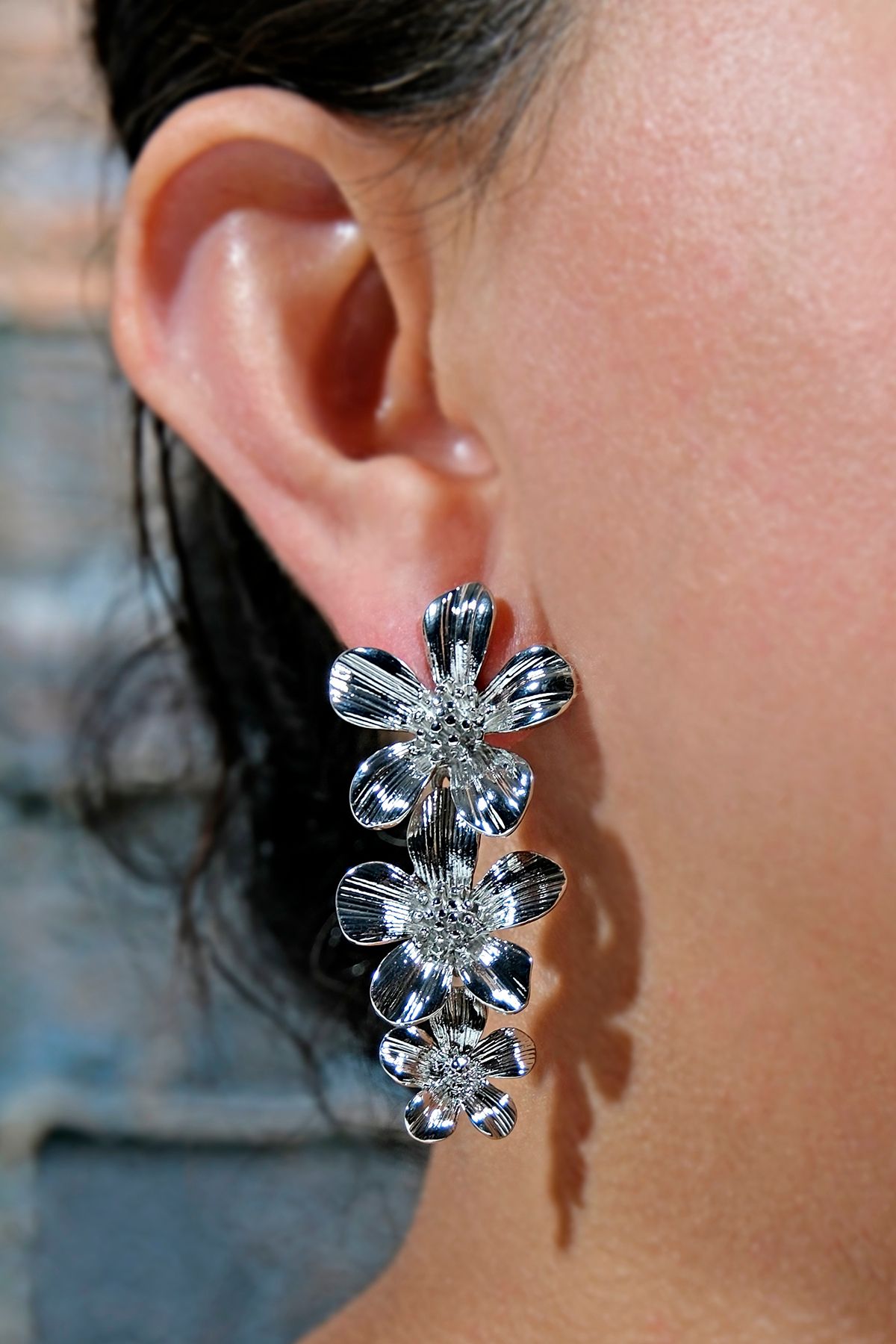 ÖZÜM TAKI-Women's Flower Model Earrings Silver Color 3