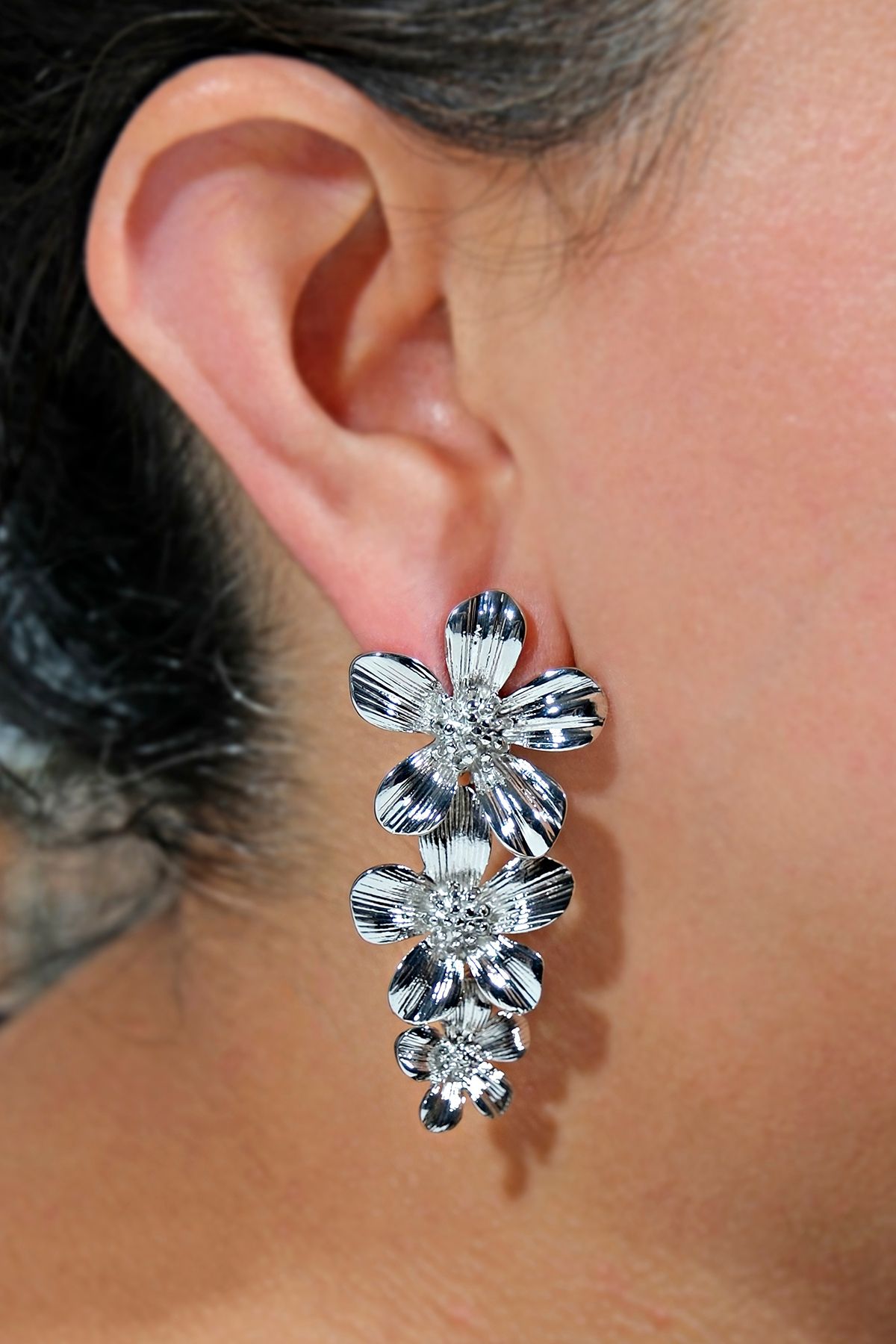 ÖZÜM TAKI-Women's Flower Model Earrings Silver Color 2