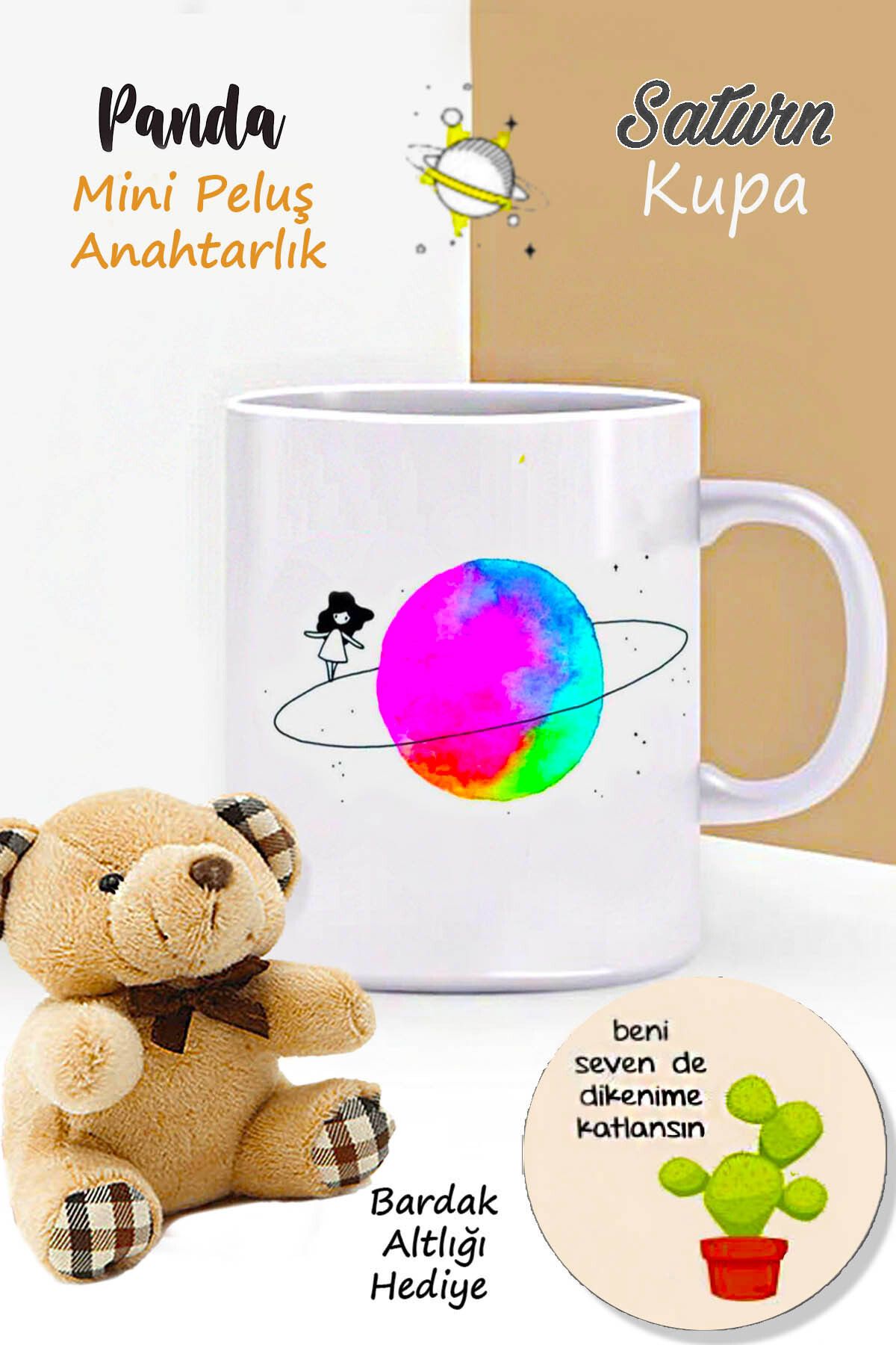 RETROGO Satürn Kız Kupa & Mini Peluş Ayıcık Anahtarlık & Bardak Atlığı