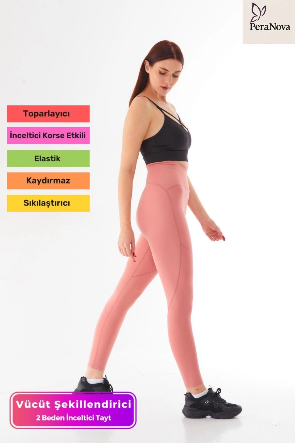 PeraNova Premium Yüksek Bel Sıkılaştırıcı Toparlayıcı Vücut Şekillendirici Toz Pembe Günlük Şık Spor Tayt