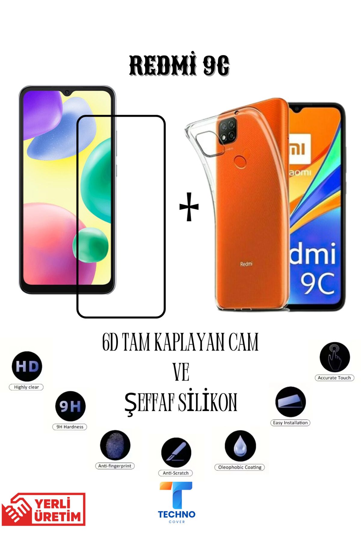 foxpower Redmi 9C 6D Tam Kaplayan Ekran Koruyucu ve Şeffaf Kılıf 2li Avantajlı Paket