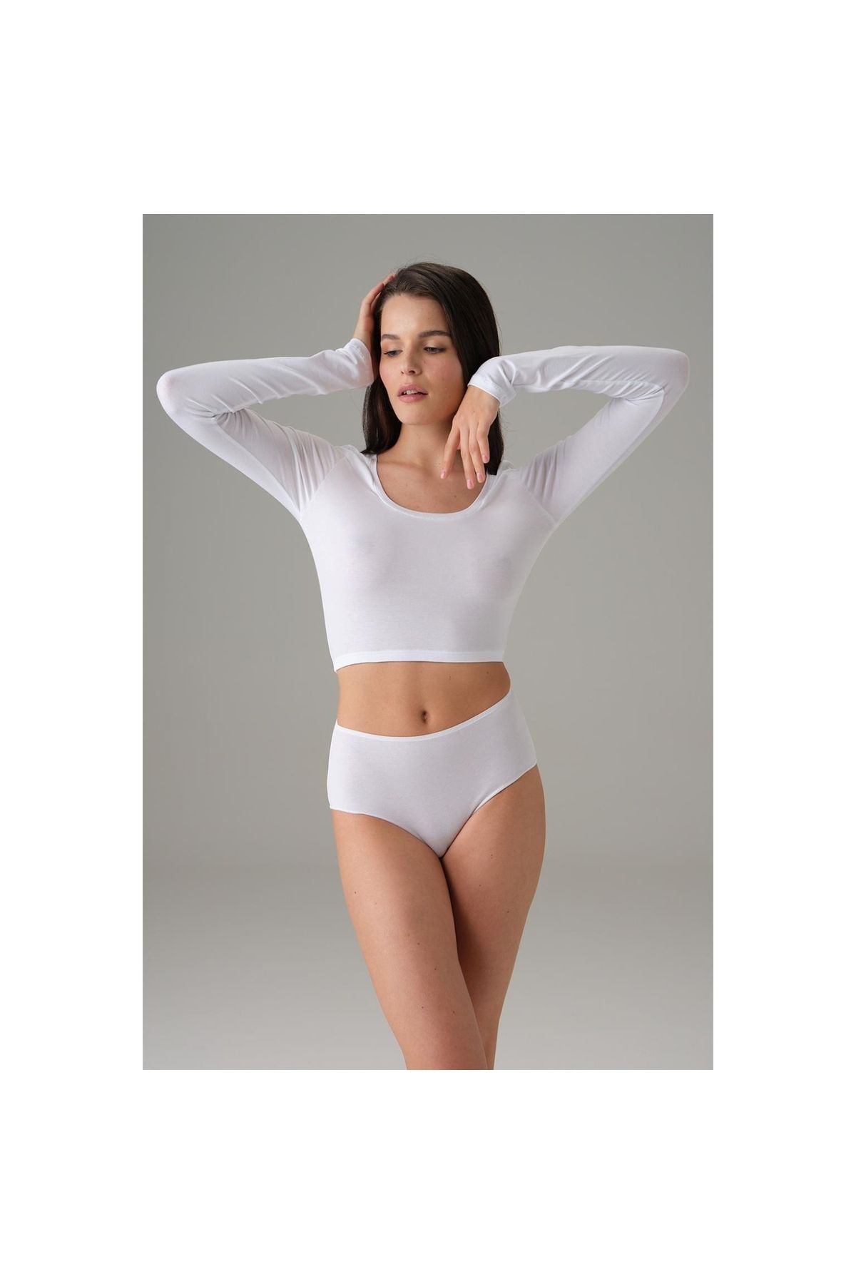 Marsilyan Beyaz Kadın Basic Uzun Kol Crop T Shirt 8513