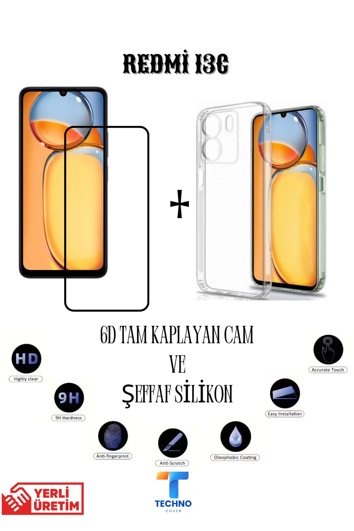 foxpower Redmi 13C 6D Tam Kaplayan Ekran Koruyucu ve Şeffaf Kılıf 2li Avantajlı Paket