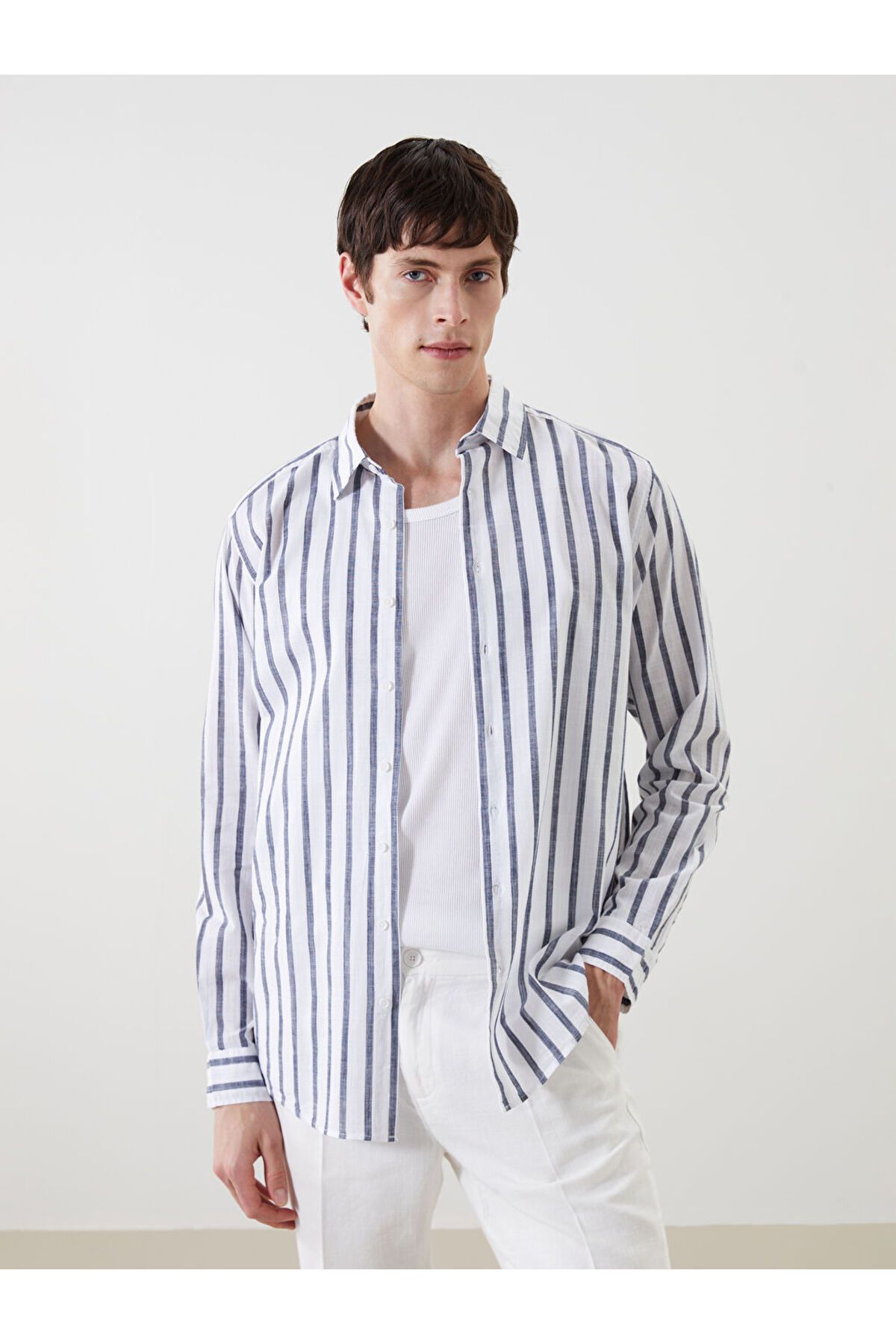 LC Waikiki Indigo Slim Fit Uzun Kollu Çizgili Poplin Erkek Gömlek S5FD73Z8NVY25