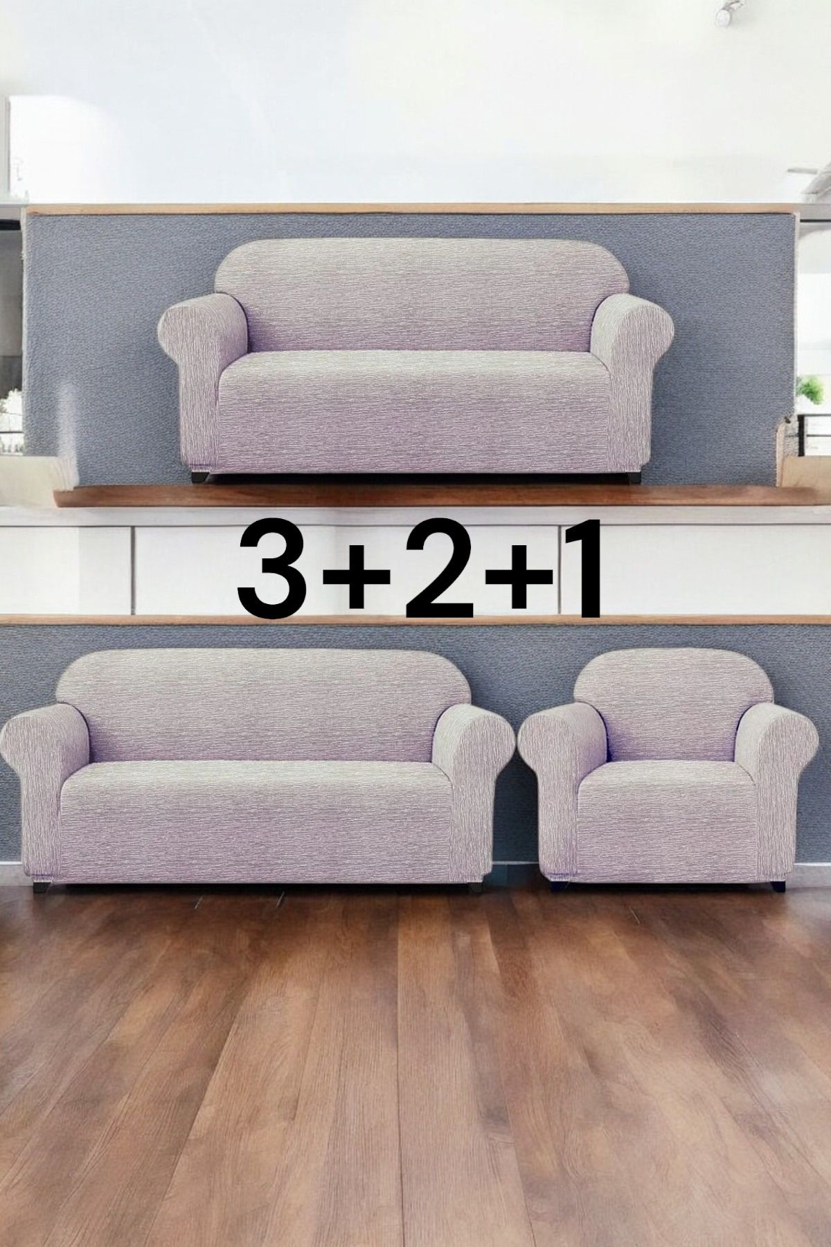 Gibella 3+2+1 Jakarlı Çubuk Desen Lastikli Koltuk Kılıfı Çekyat Koltuk Örtüsü Streç Esnek kanepe kılıfı