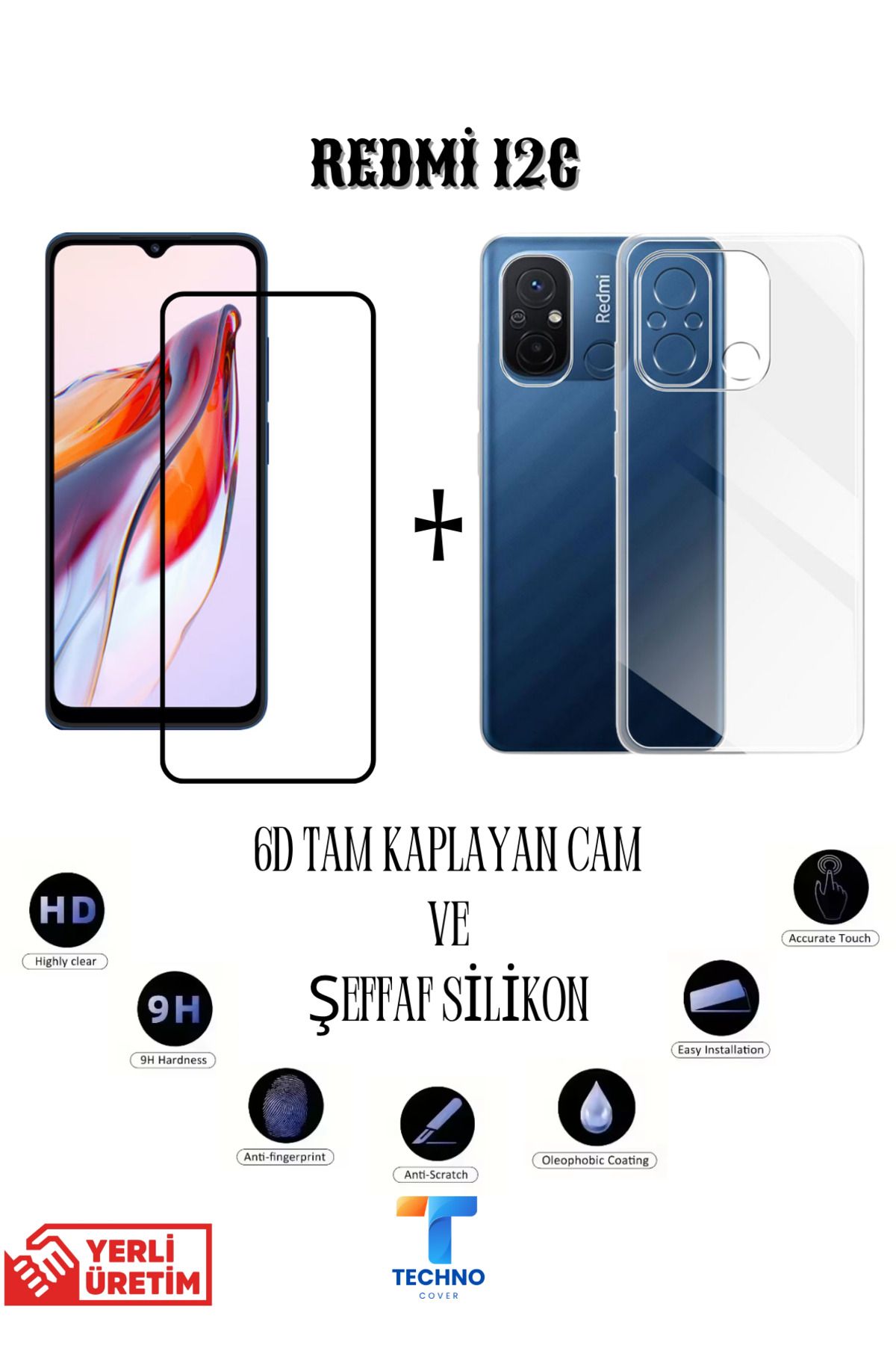 foxpower Redmi 12C 6D Tam Kaplayan Ekran Koruyucu ve Şeffaf Kılıf 2li Avantajlı Paket