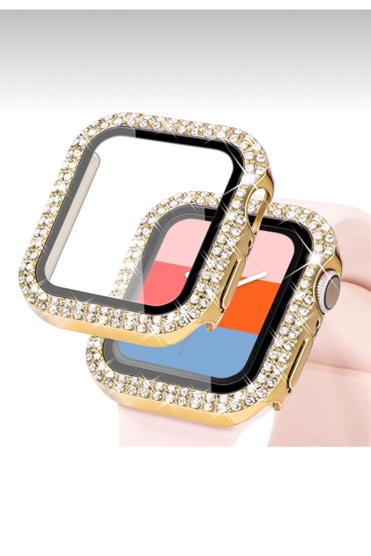 Aksesuar Kasabası Apple Watch Series 7-8-9 45Mm Uyumlu Zarif Elmas Taşlı GOLD Kasa Ve Ekran Koruyucu Kılıf