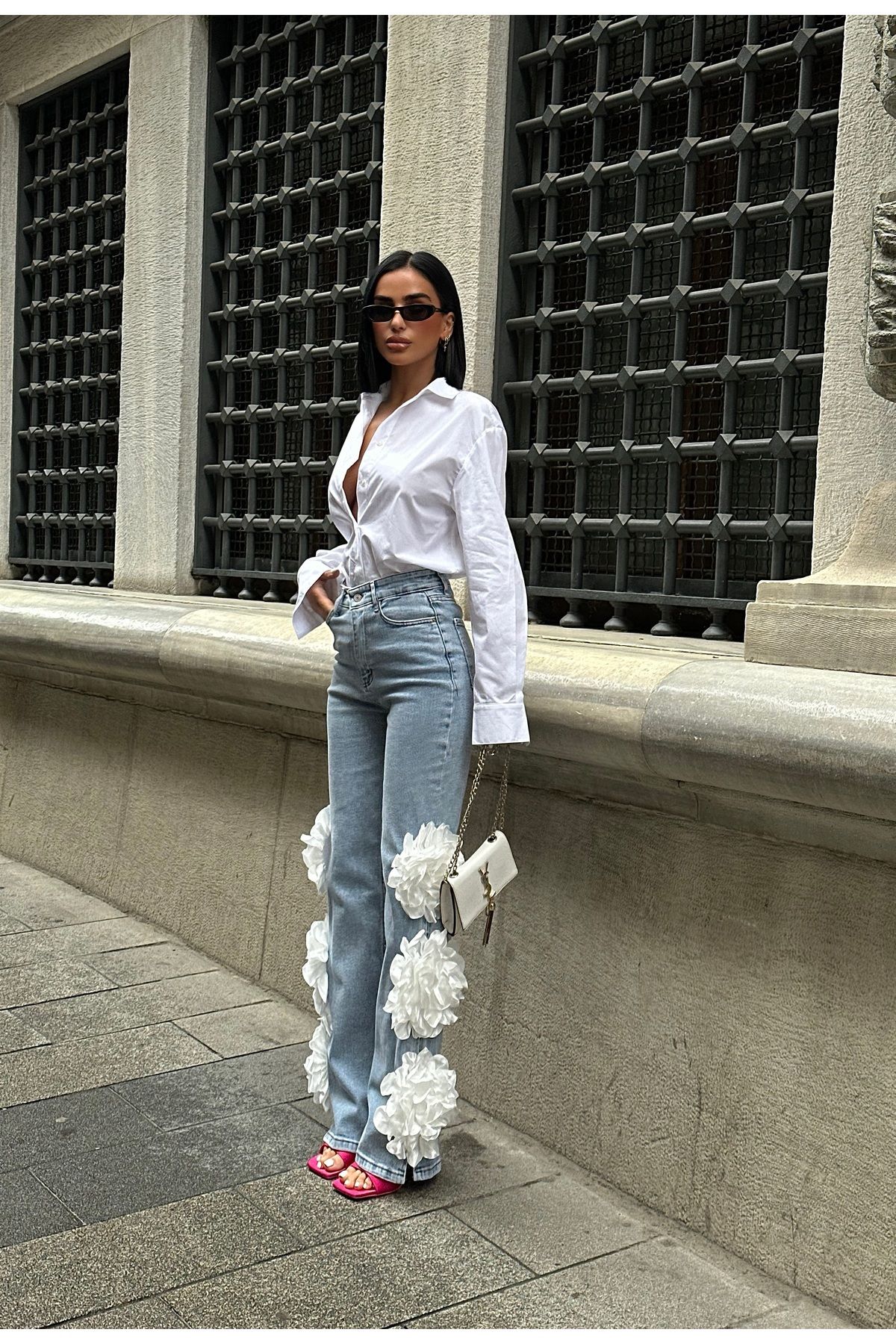 Diviny Kadın Tasarım Gül Figürlü Mavi Yüksek Bel Palazzo Jean
