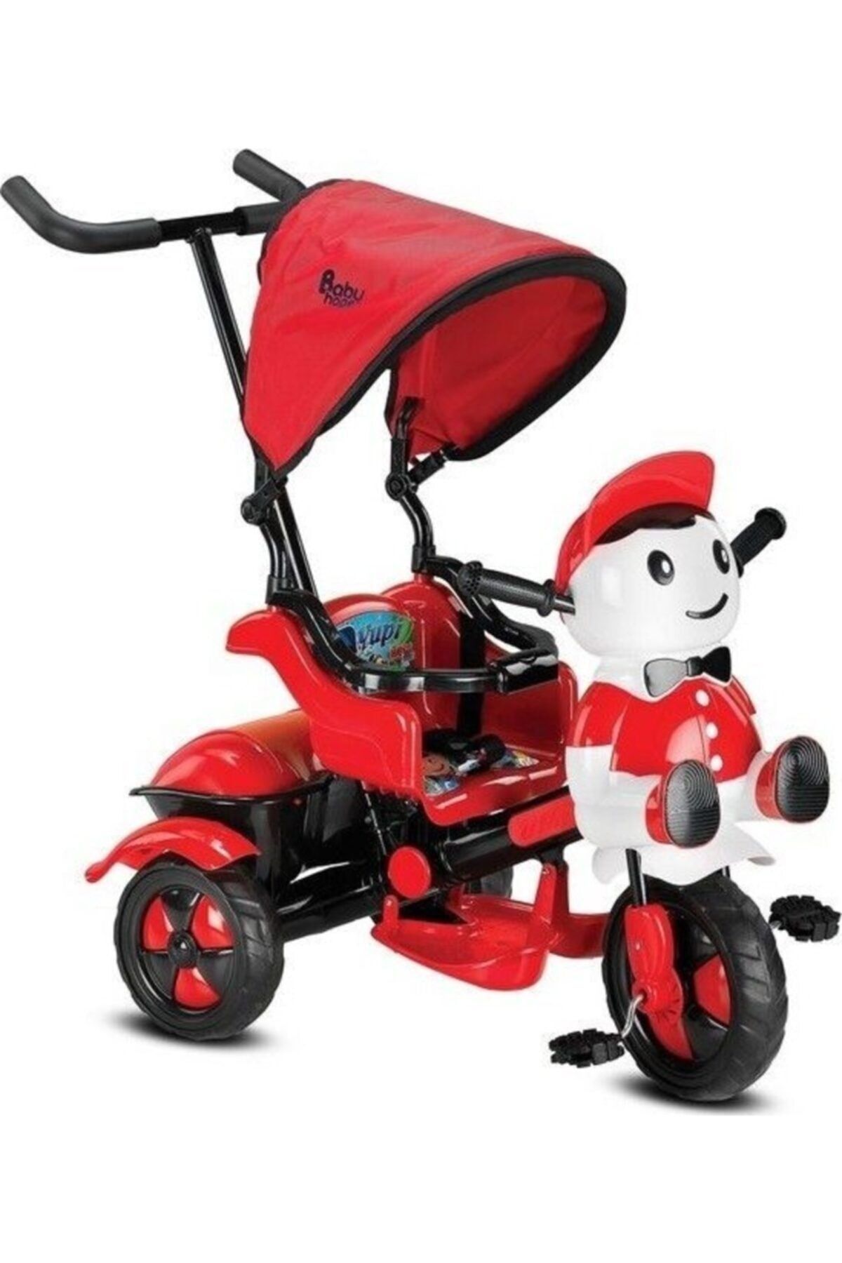 SerenityHaven 125 Yupi Panda Ebeveyn Kontrollü Tenteli Müzikli Tricycle Üç Teker Bisiklet -Kırmızı/Siyah