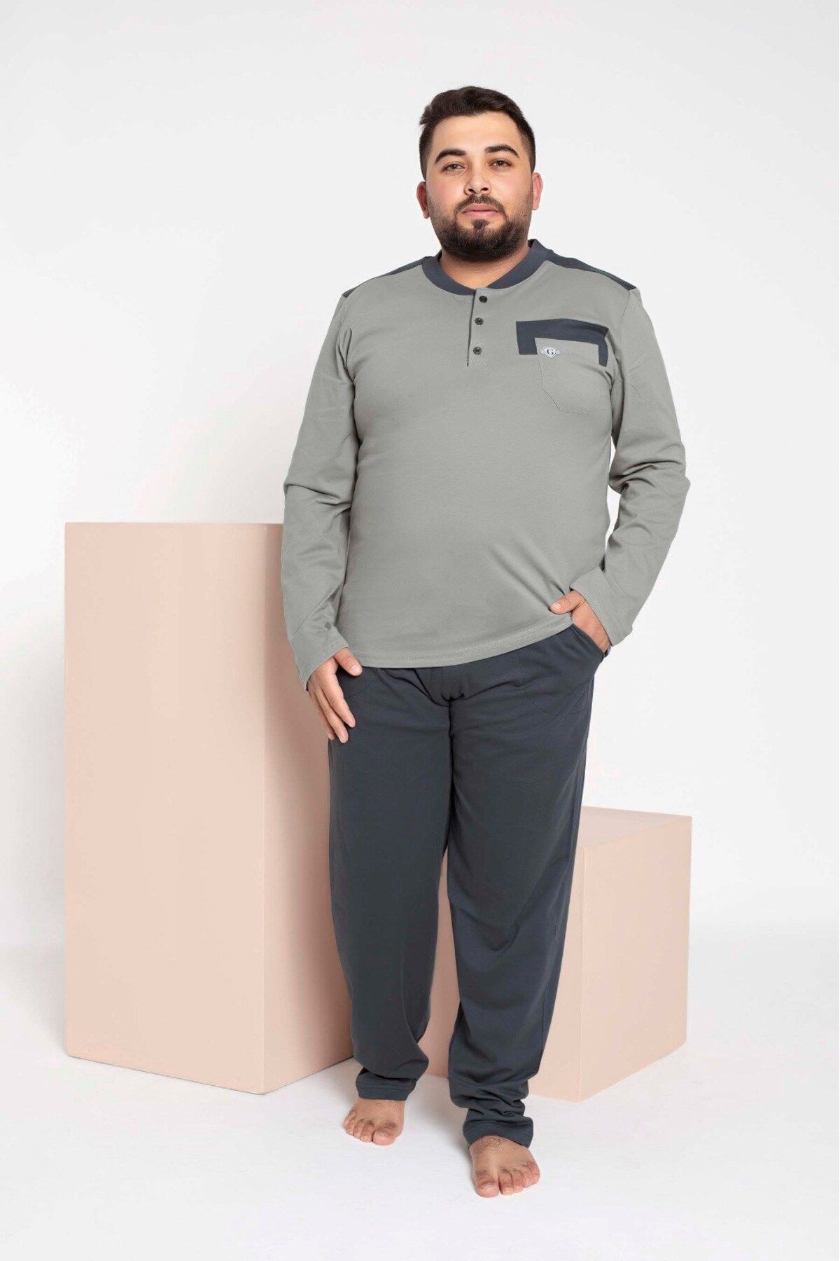 GUAVA+ Erkek Büyük Beden 3 Düğme %100 Pamuk Cepli Mevsimlik Pijama Takımı