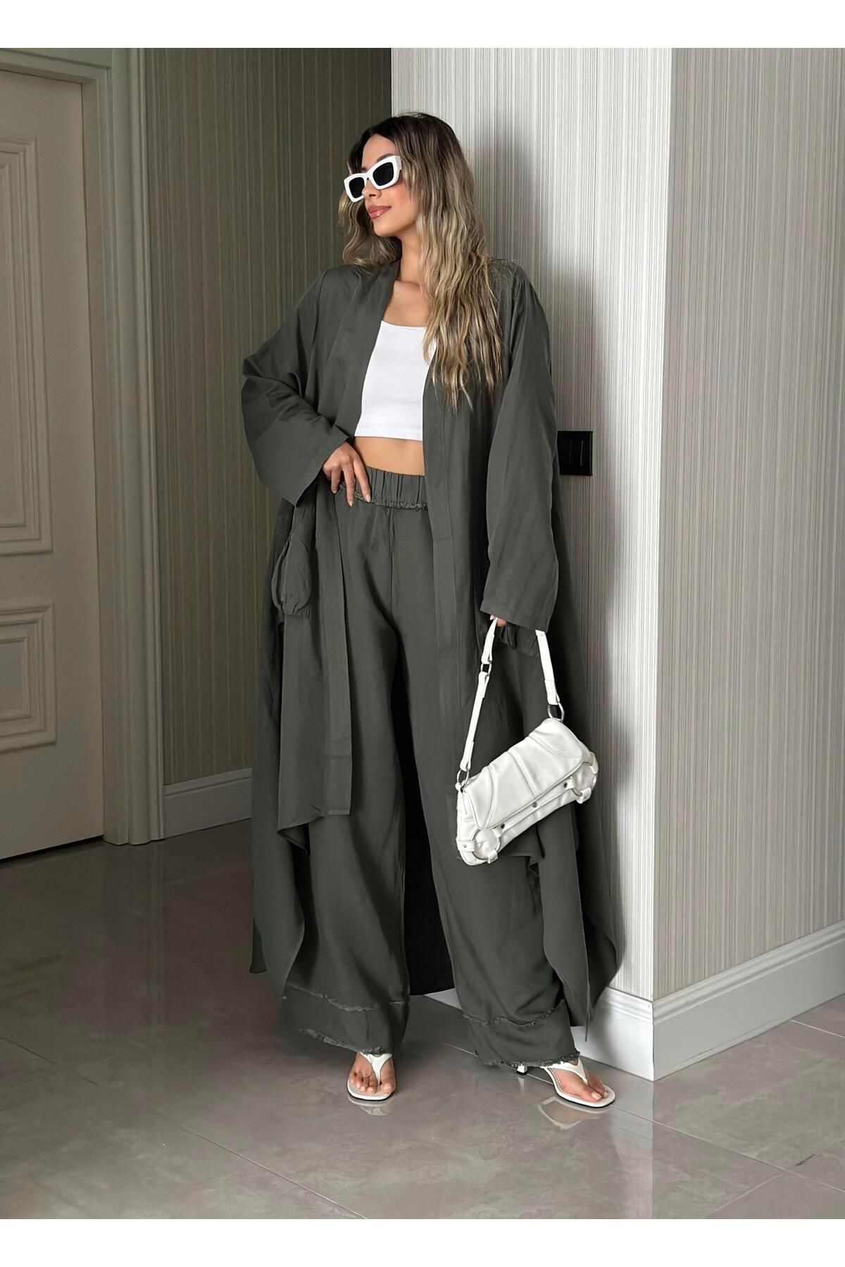 Ranasubaşı 0170 Uzun Keten Kaftan Haki