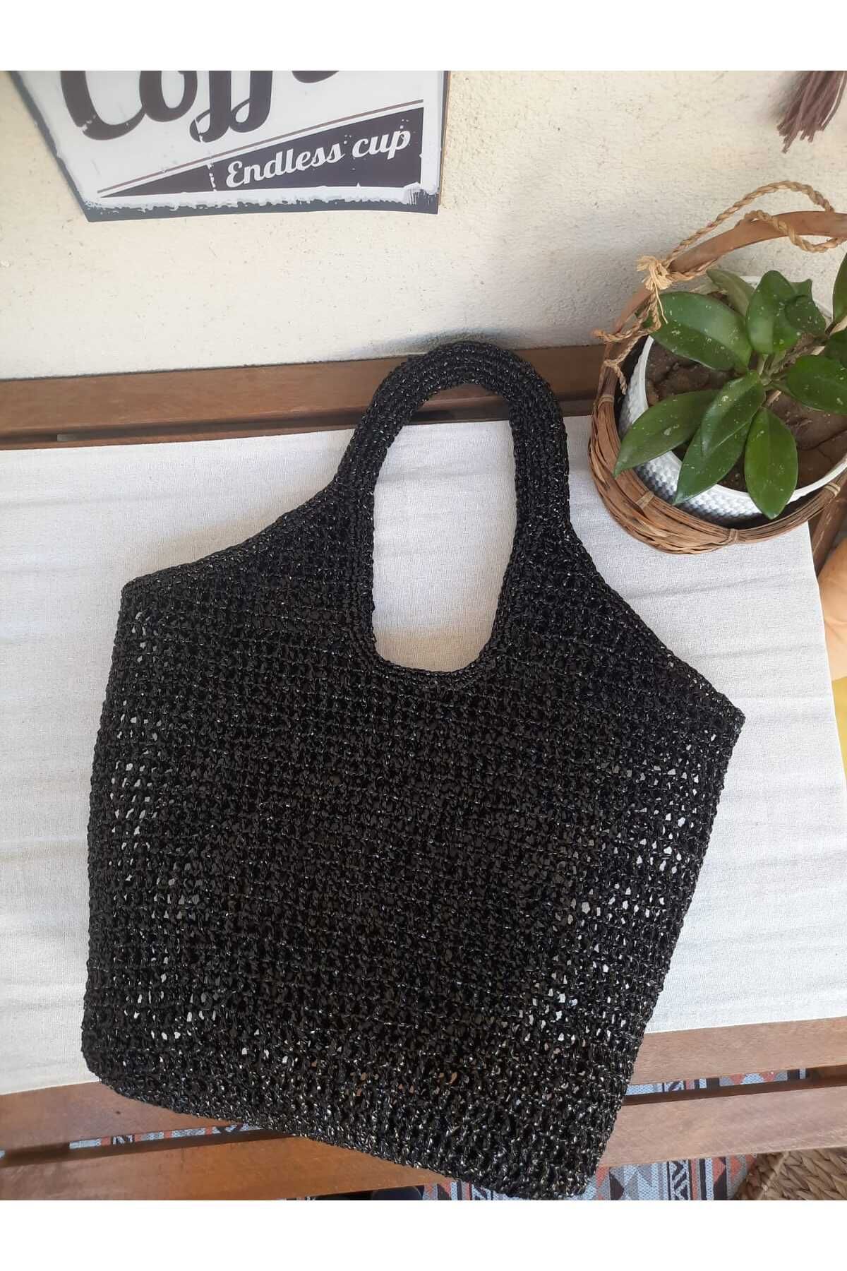 MODA El yapımı Metalik siyah ipten çanta