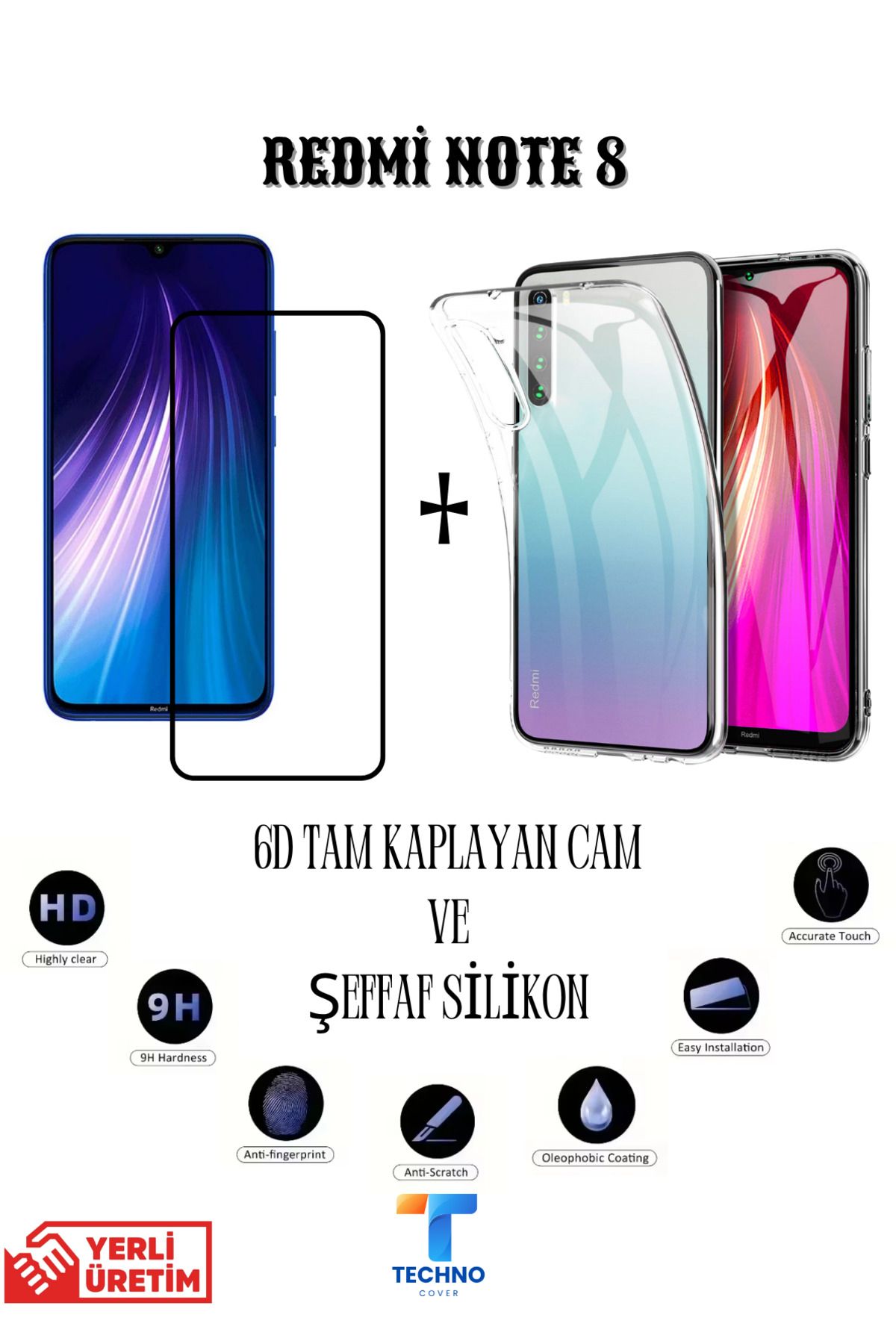 foxpower Redmi Note 8 6D Tam Kaplayan Ekran Koruyucu ve Şeffaf Kılıf 2li Avantajlı Paket