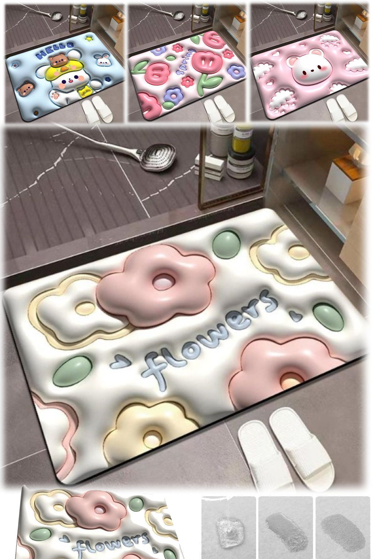 etteminönütoptanticaret 60 x 40 Cm Çiçekli Donut Şekilli 3D Banyo Paspası Halı Tuvalet Kapısı Giriş Banyo Su Nem Emici Halı