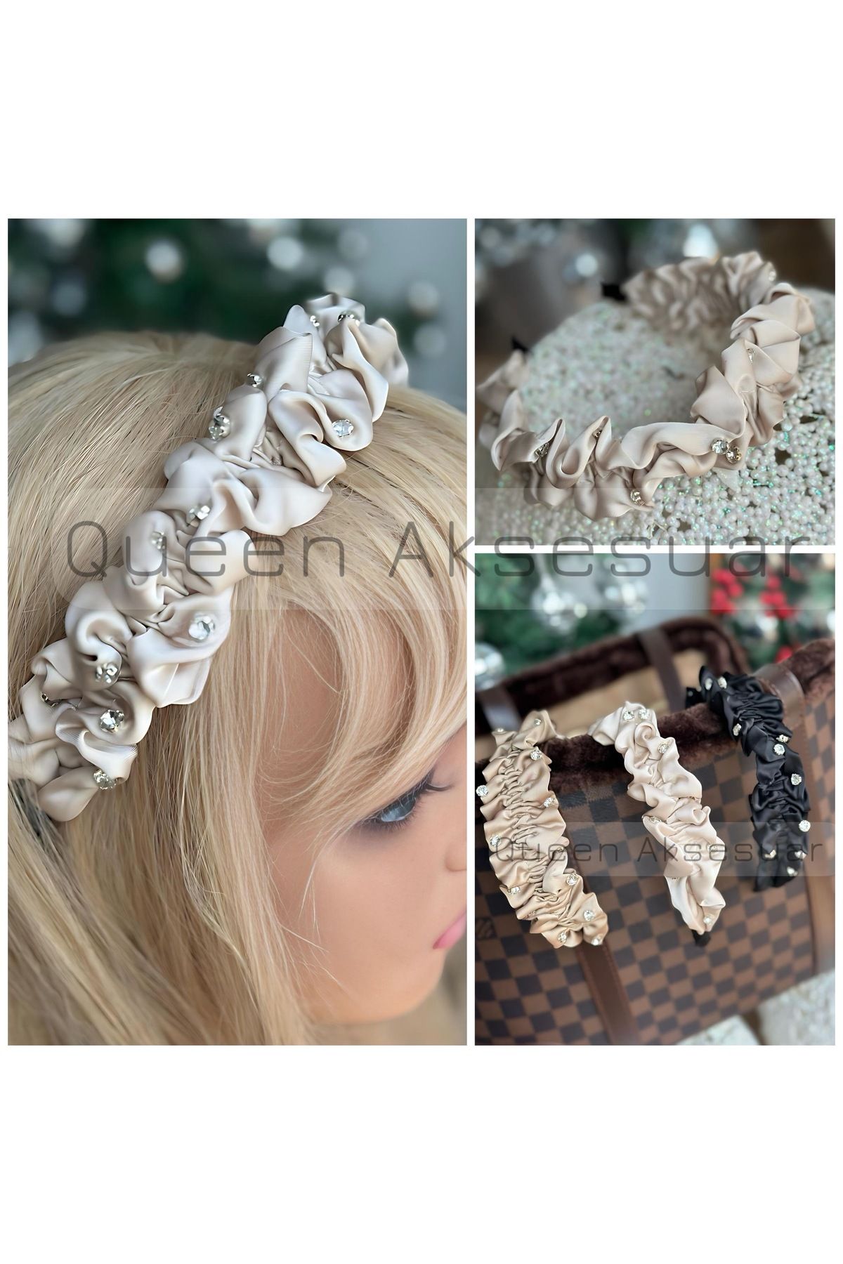 QUEEN AKSESUAR Trend lüks tasarım kristal taşlı büzgülü fırfırlı Geniş saten Kadın tacı krem rengi bej taç