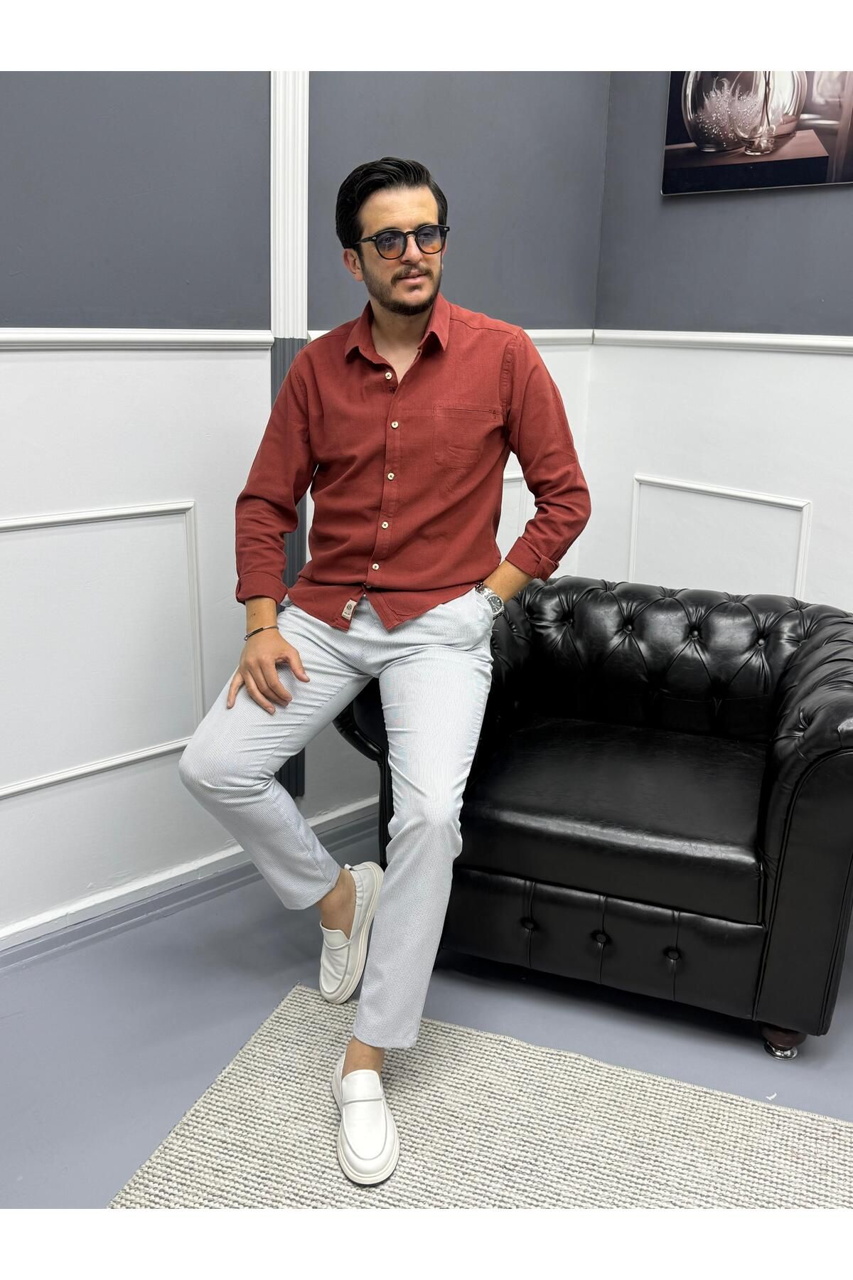 Avni Ceylan Erkek Keten Dokulu Slim Fit Uzun Kollu Gömlek Nakış işleme Detaylı